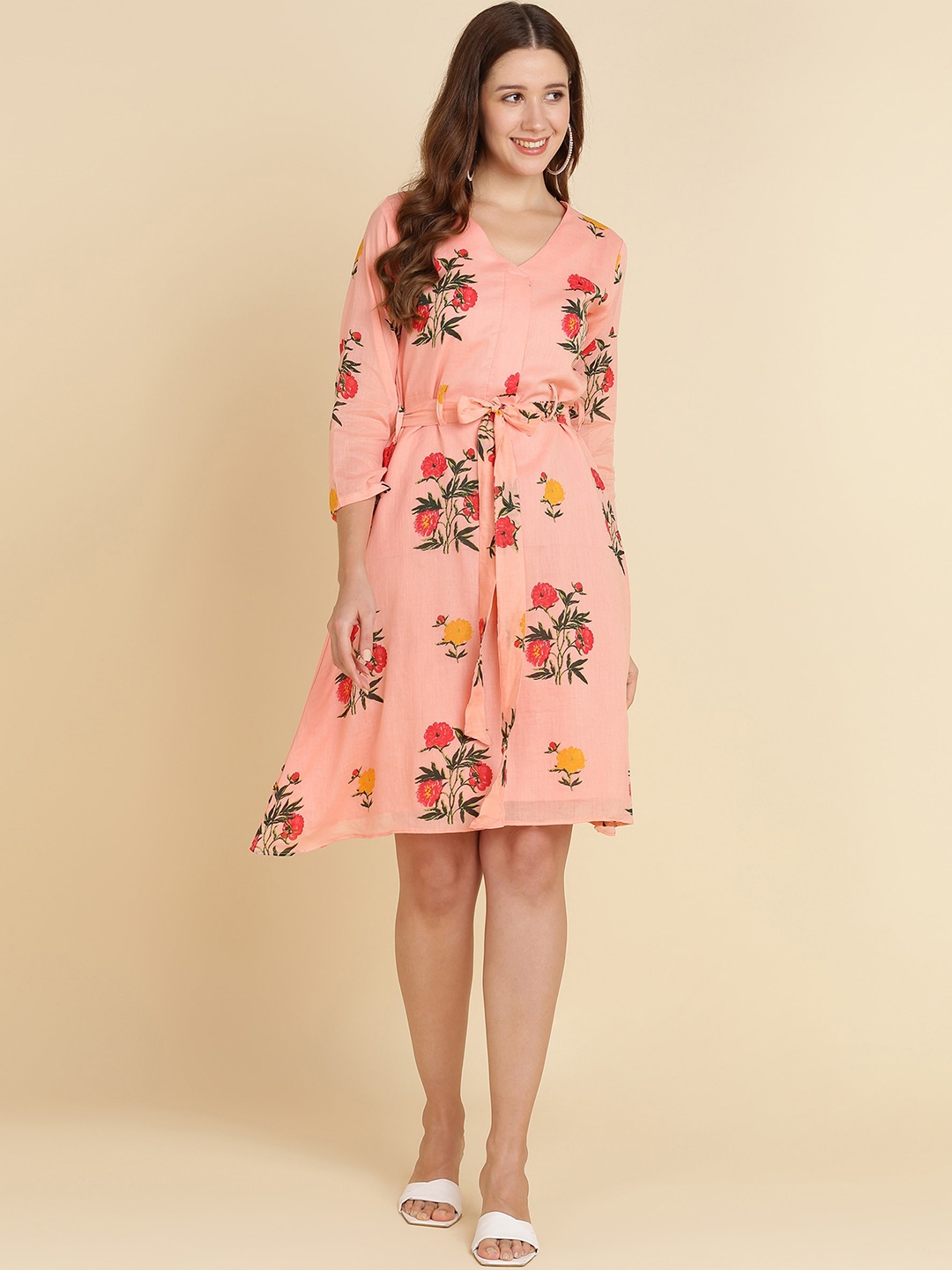 

Sangria Floral Printed A-Line Ethnic Dress, Peach
