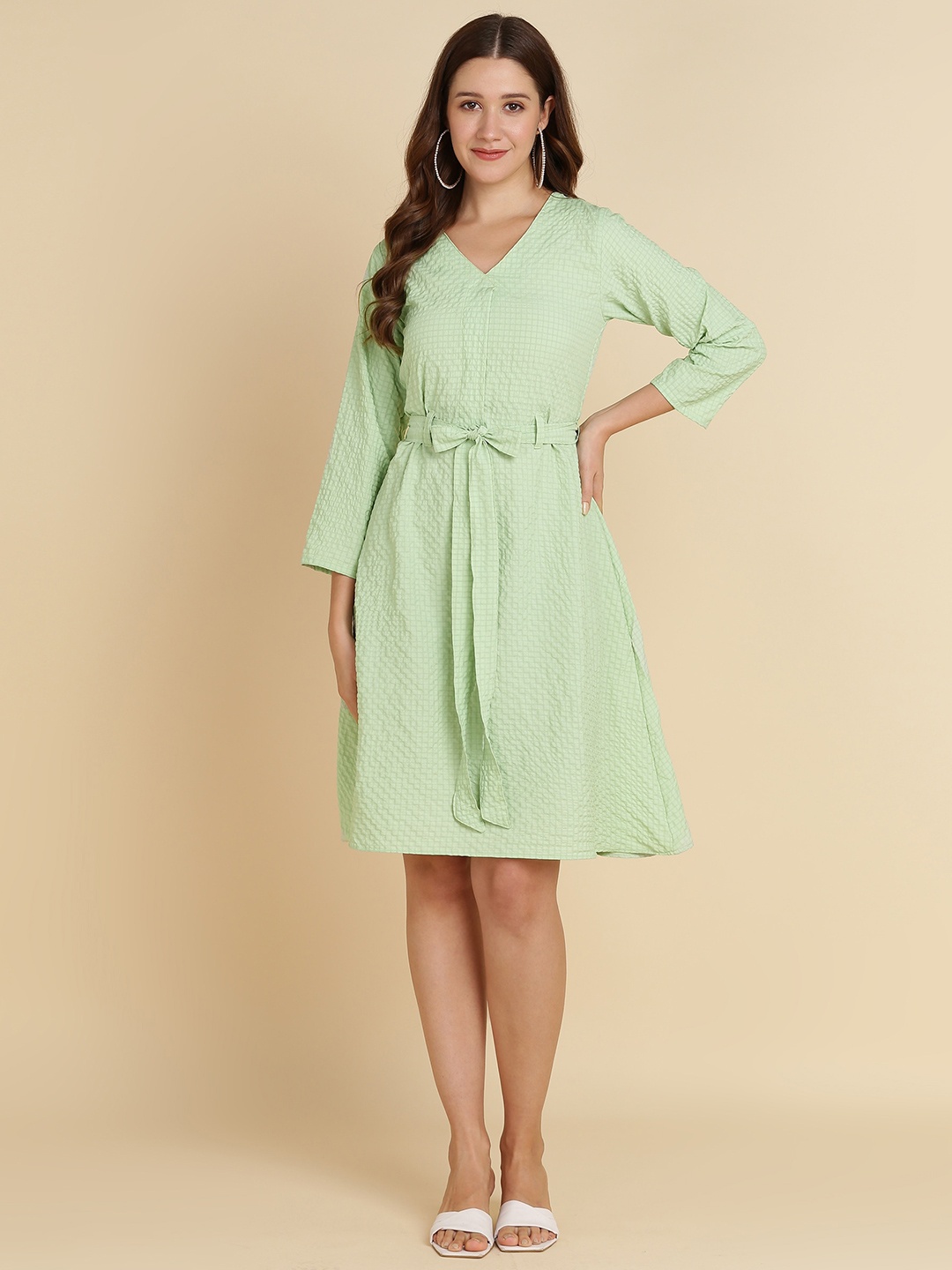 

Sangria Self Design Belted A-Line Dress, Sea green