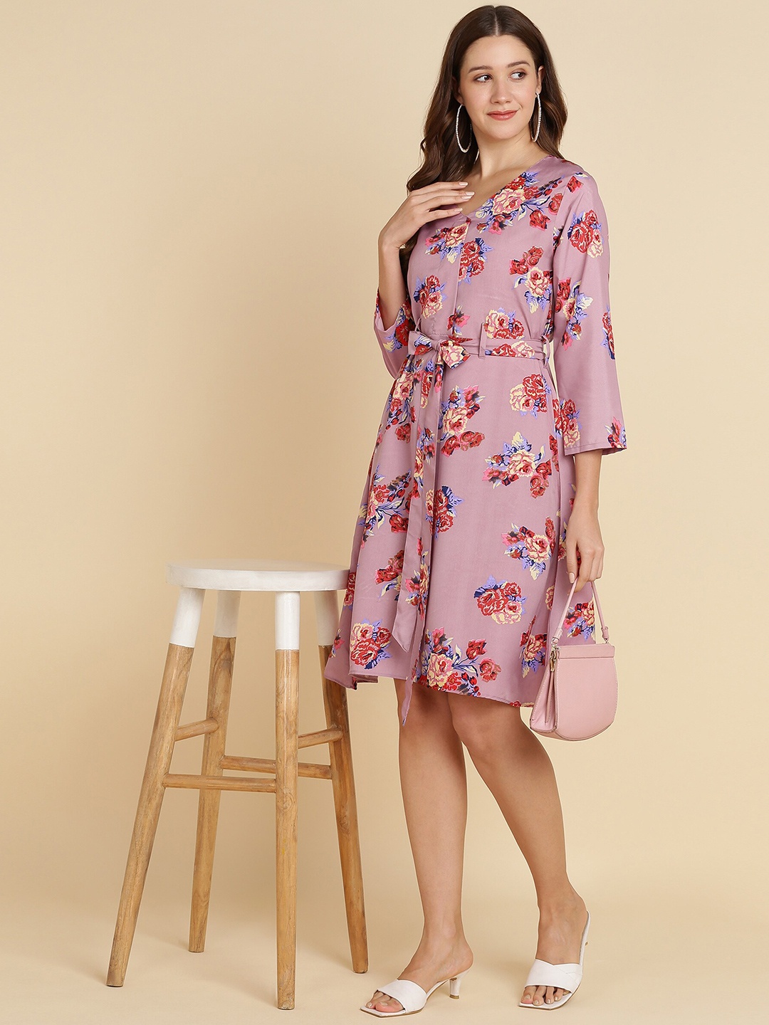 

Sangria Floral Printed V-Neck Fit & Flare Dress, Mauve