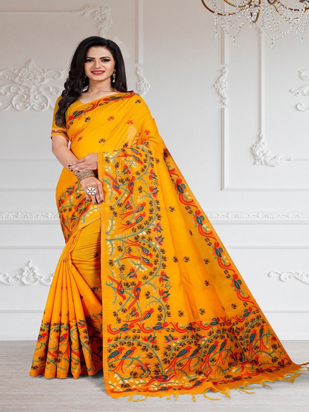 

TIEXA Woven Design Art Silk Jamdani Saree, Yellow