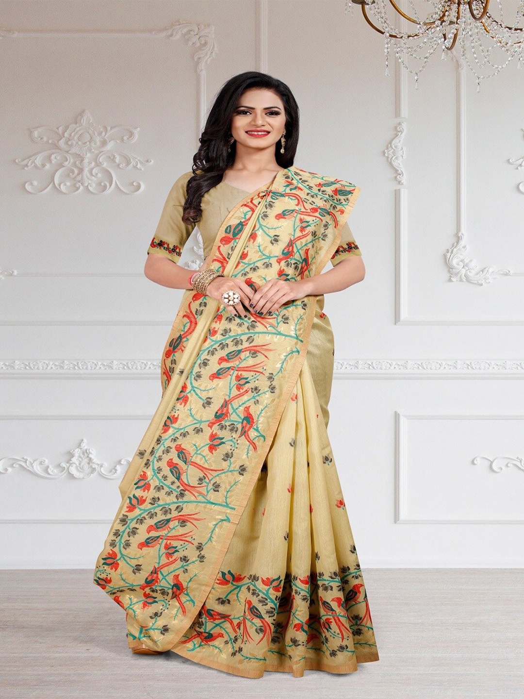 

TIEXA Woven Design Art Silk Jamdani Saree, Cream