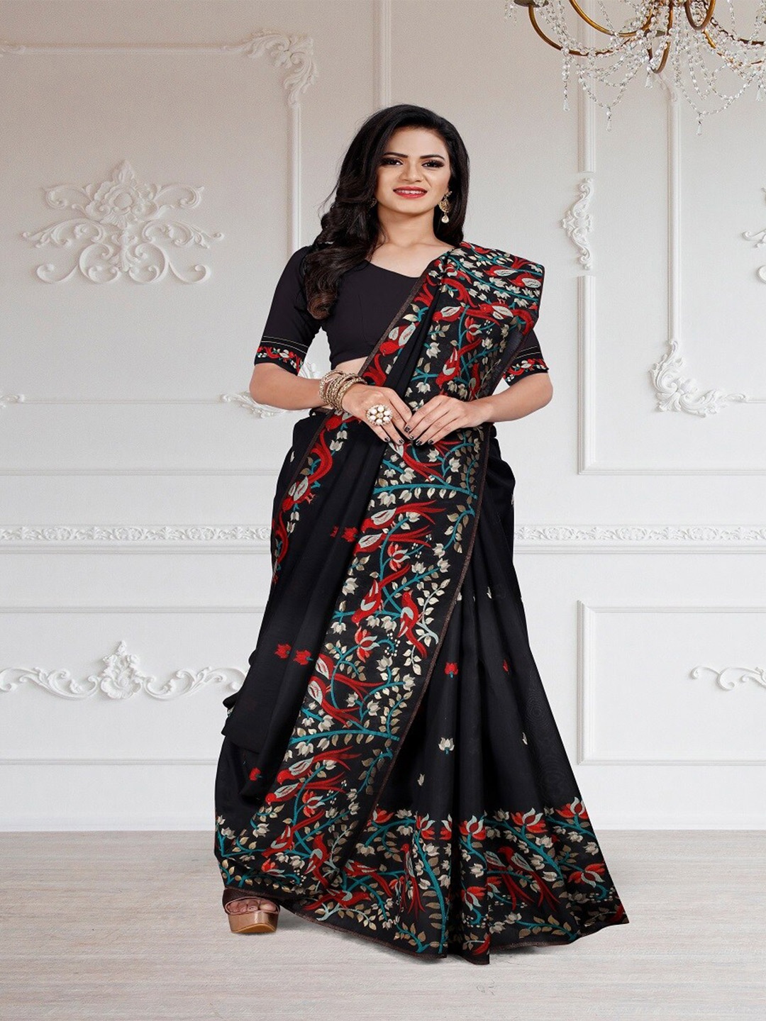 

TIEXA Woven Design Art Silk Jamdani Saree, Black