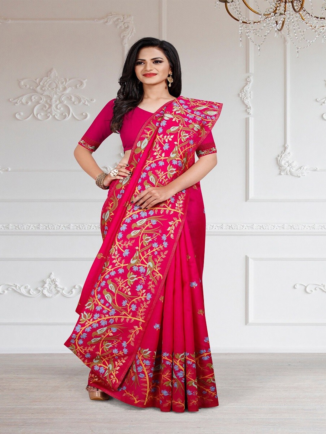 

TIEXA Woven Design Zari Art Silk Jamdani Saree, Pink