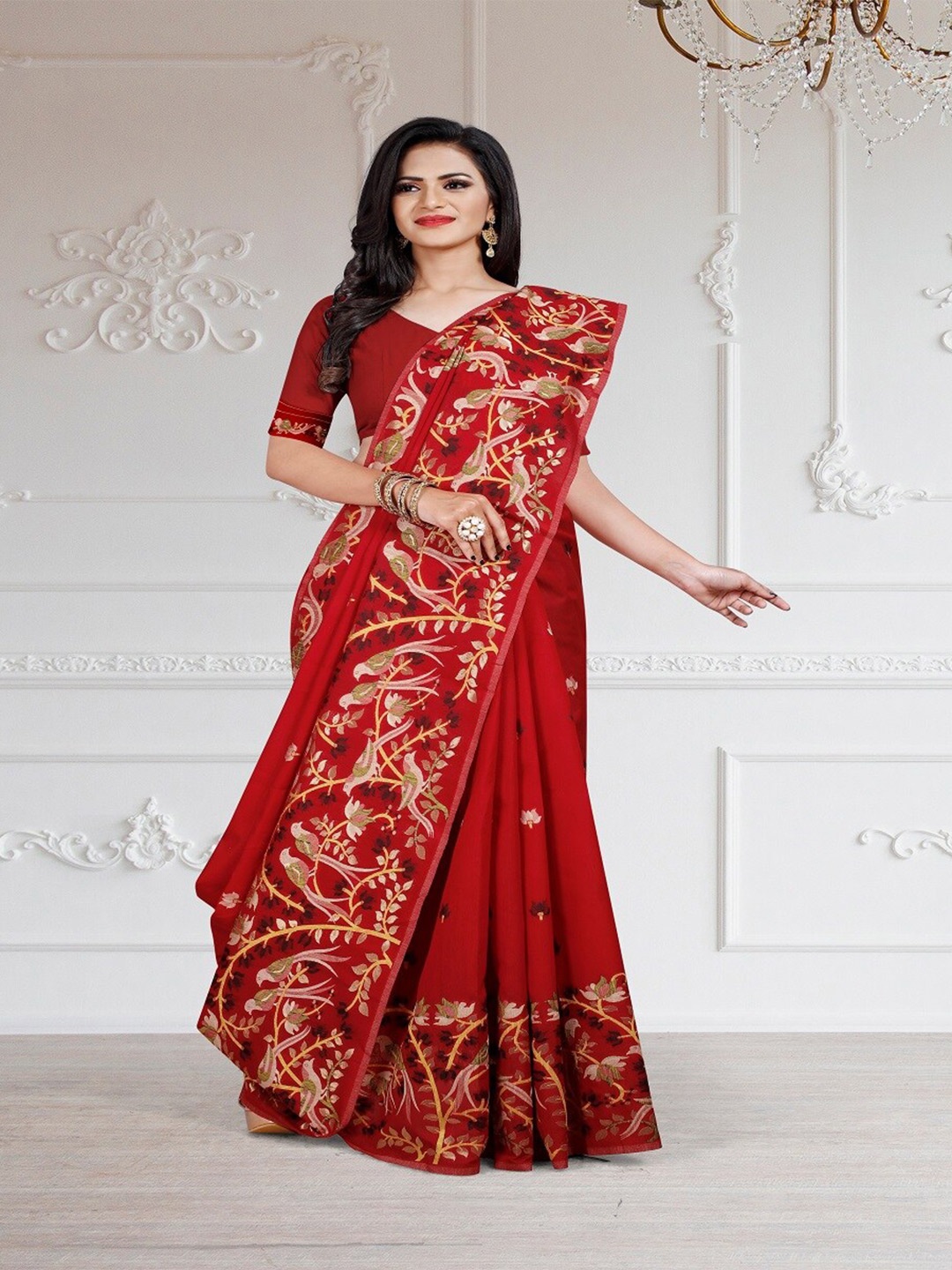 

TIEXA Woven Design Art Silk Jamdani Saree, Maroon
