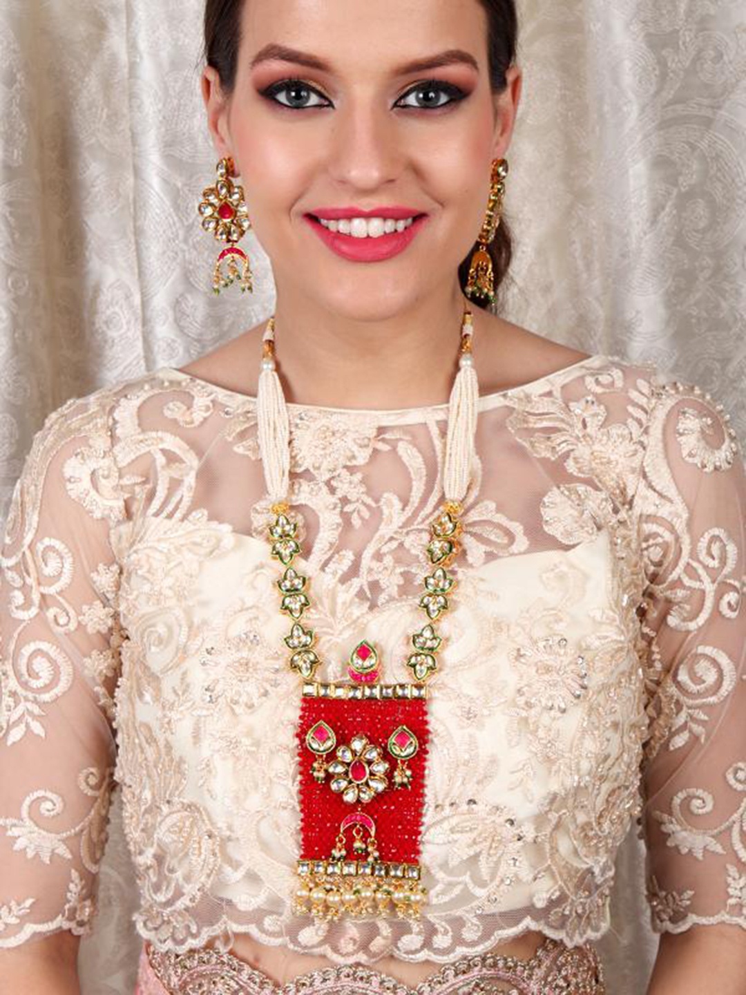

ODETTE Kundan-Studded & Beaded Jewellery Set, Red