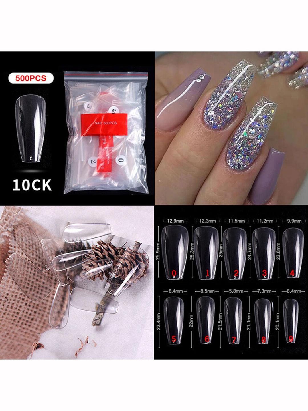 

S.A.V.I. 500 Pcs Clear Medium Coffin Nail Tips Acrylic Nail Extension, Transparent