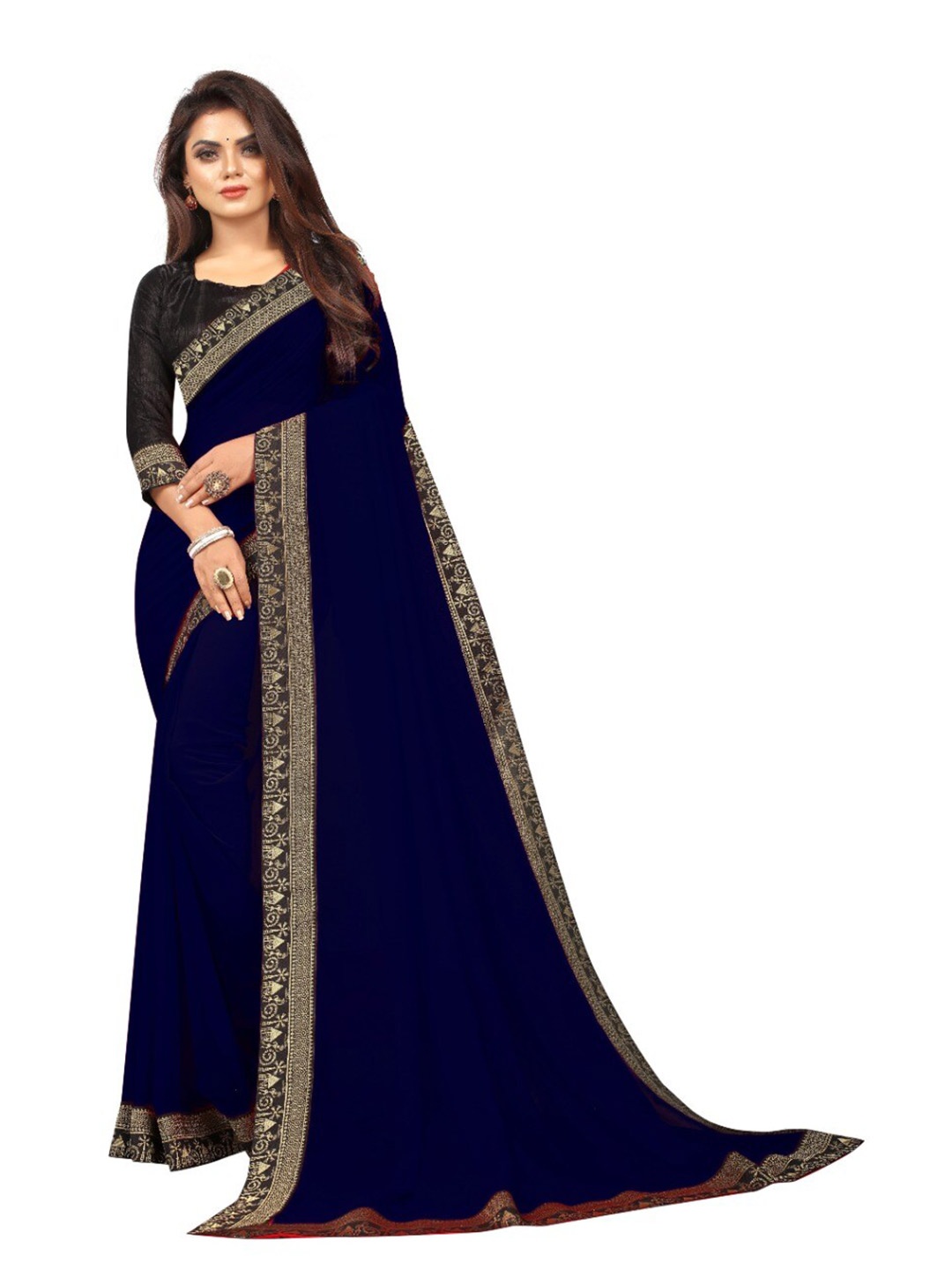 

TIEXA Zari Border Saree, Navy blue