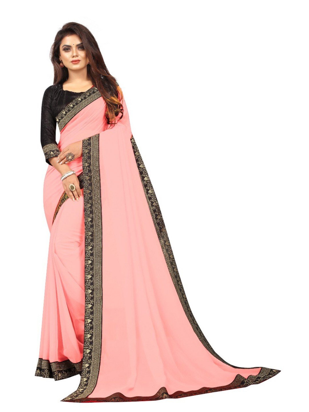 

TIEXA Zari Border Saree, Peach