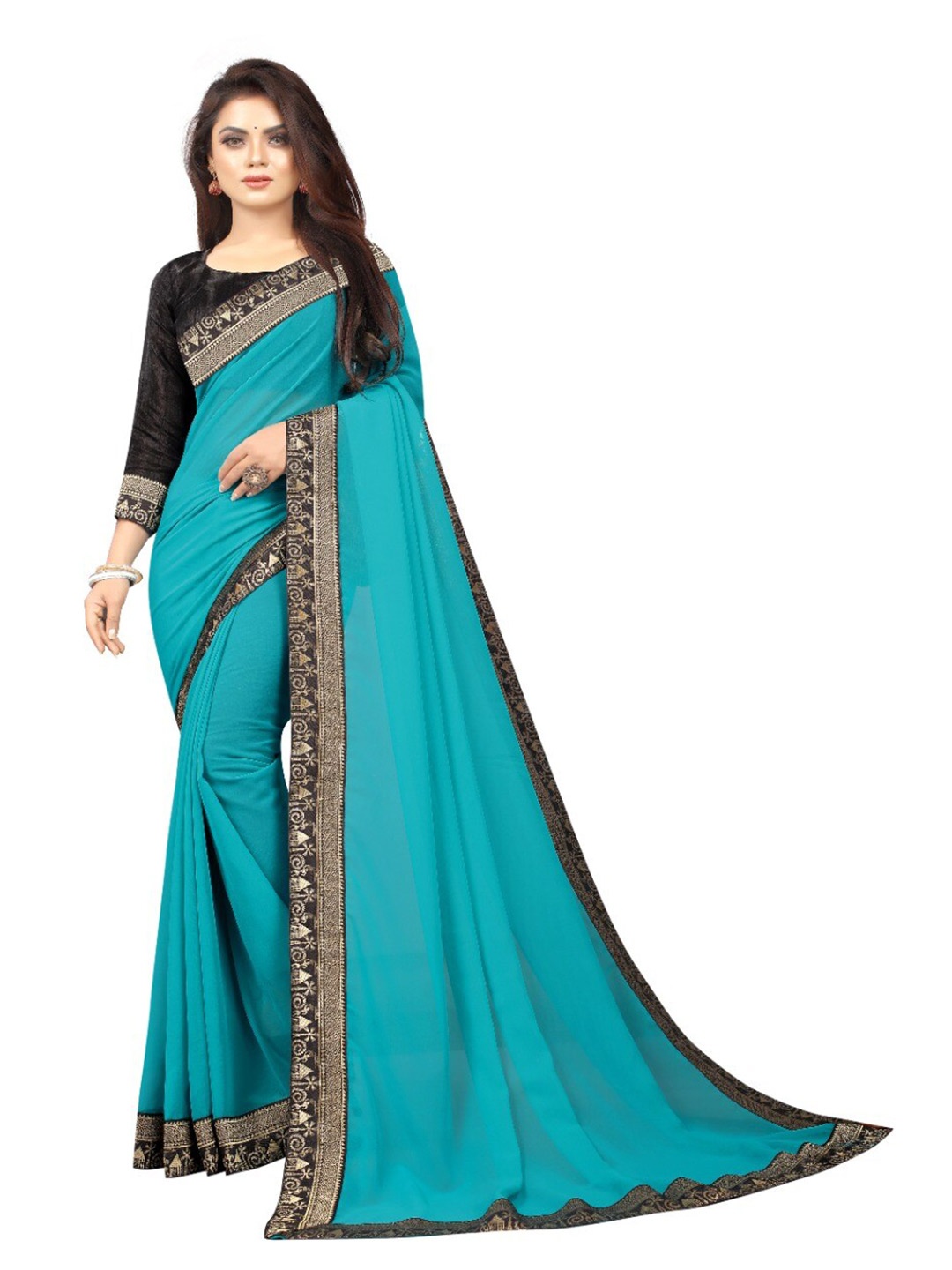 

TIEXA Woven Design Zari Bordered Saree, Turquoise blue
