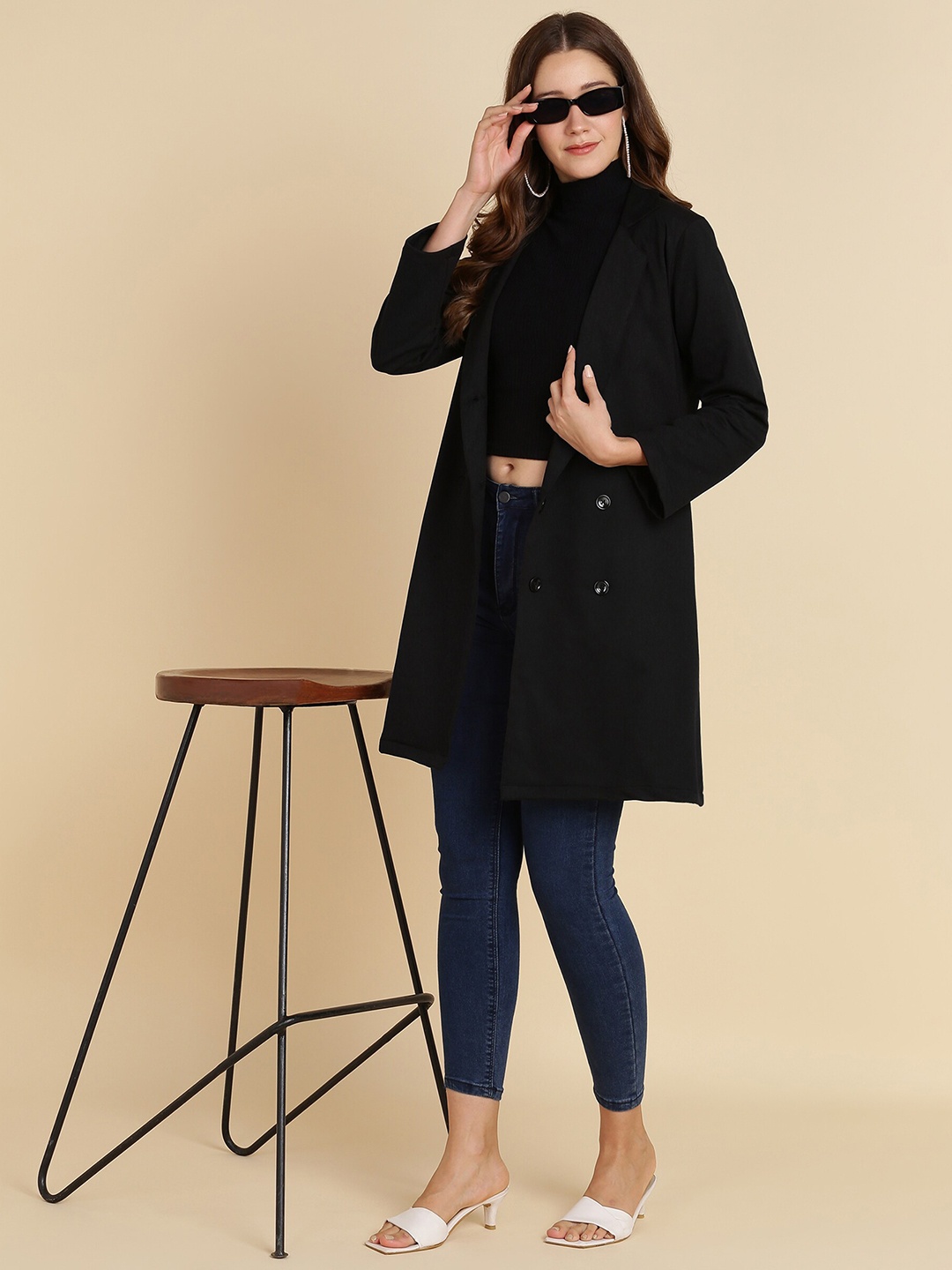 

DressBerry Women Notched Lapel Double-Breasted Cotton Blazer, Black
