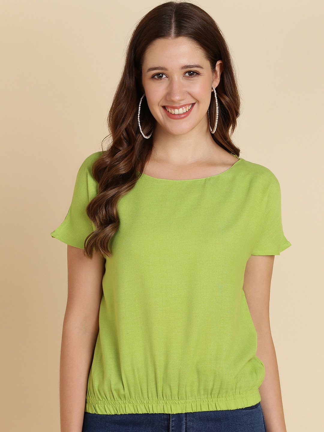 

Sangria Round neck Blouson Top, Green