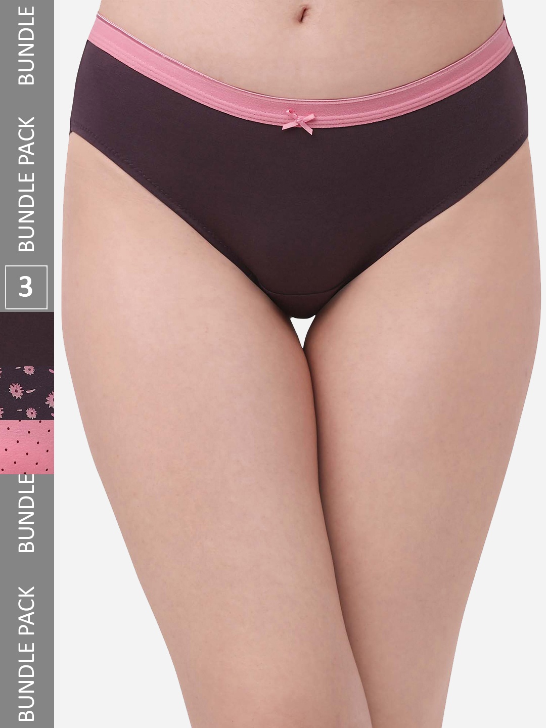 

SOIE Pack of 3 High Rise Full Coverage Solid and Printed Cotton Stretch Hipster Briefs, Pink