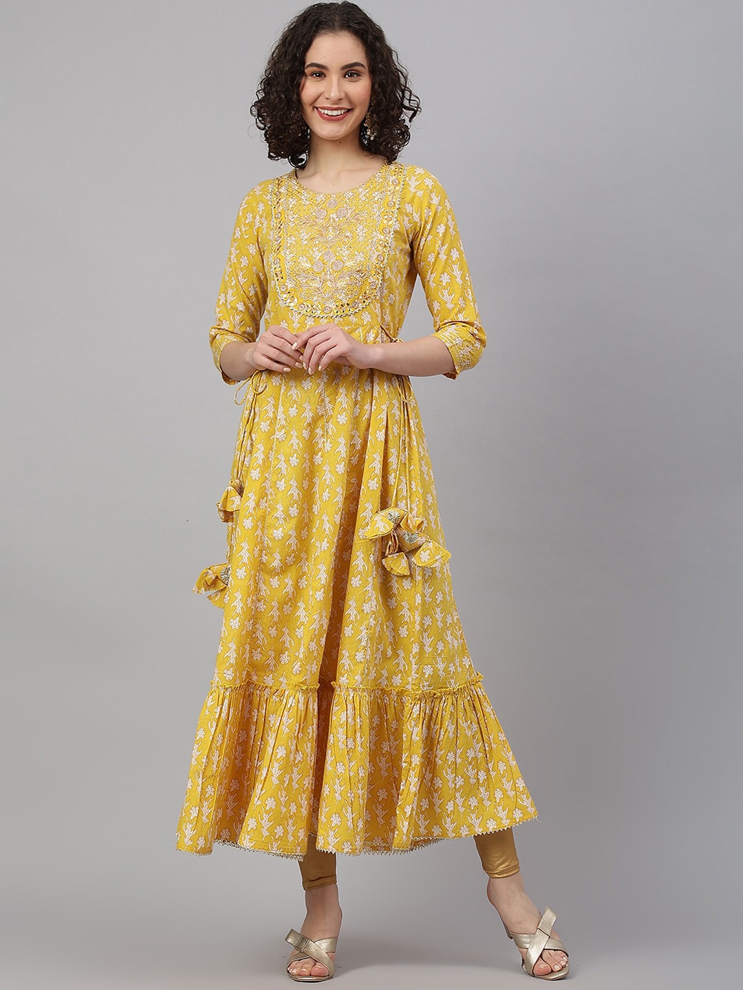

KALINI Women Cotton Geometric Embroidered Thread Work Floral Anarkali Kurta, Yellow