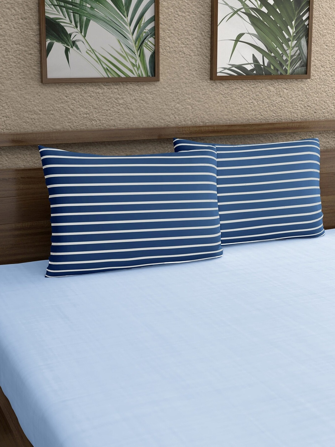 

Home Ecstasy Set Of 2 Blue & White Striped Pure Cotton 140 TC Pillow Covers