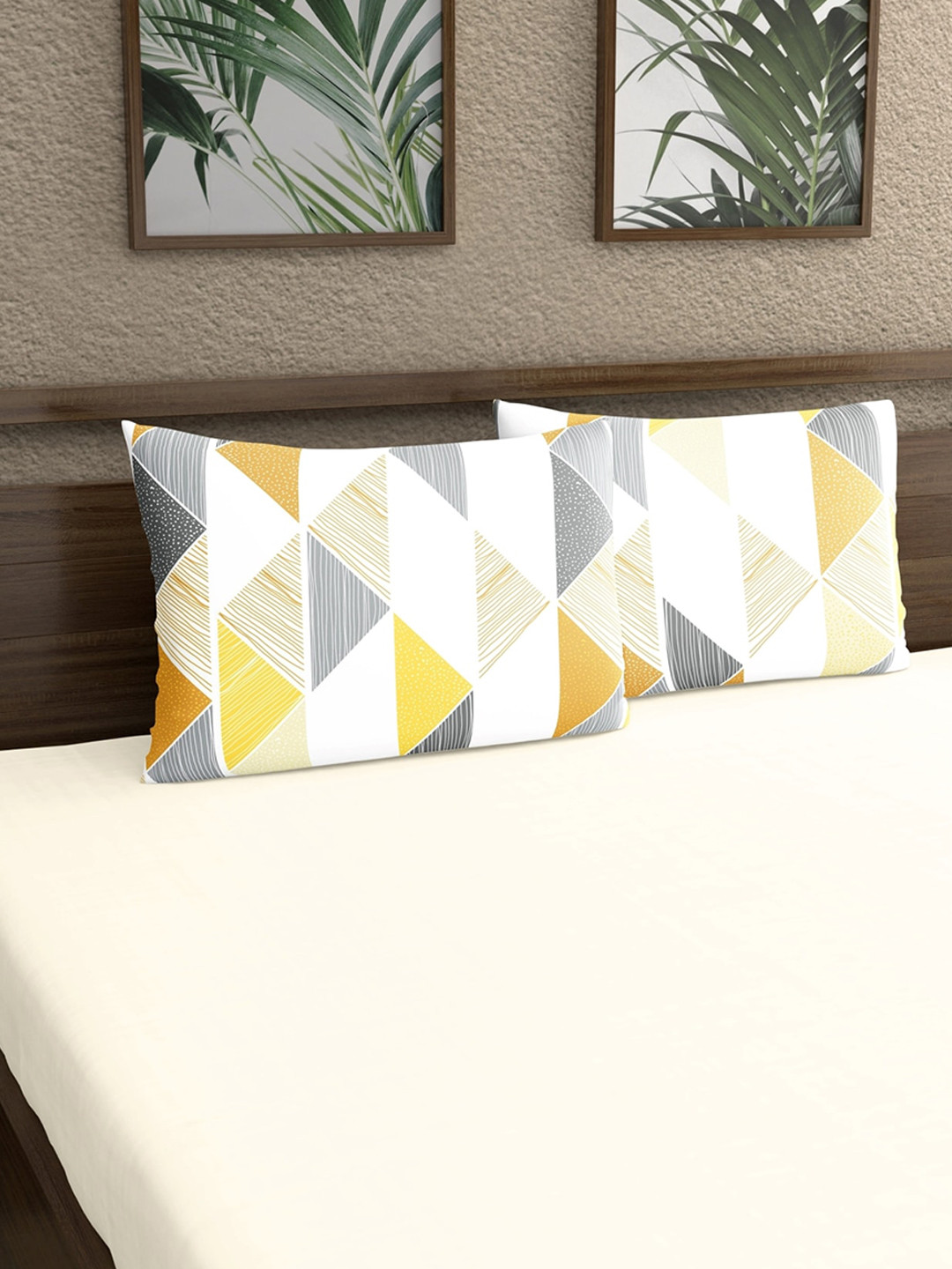 

Dreamscape Set Of 2 Yellow & White Printed 140 TC Pure Cotton Pillow Covers