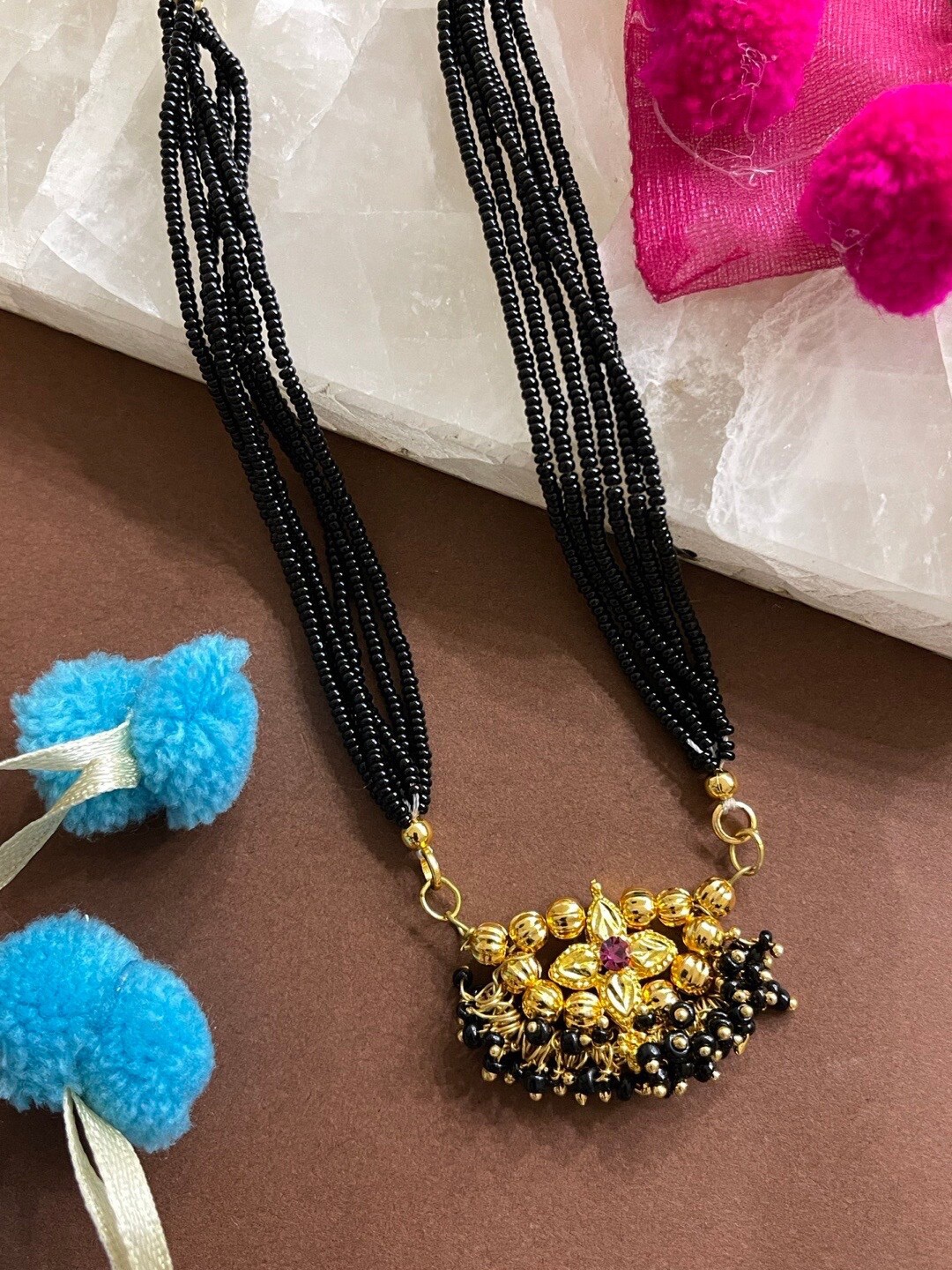 

Digital Dress Room Gold-Plated Short Mangalsutra Floral Pendent 6 Line Black Beads