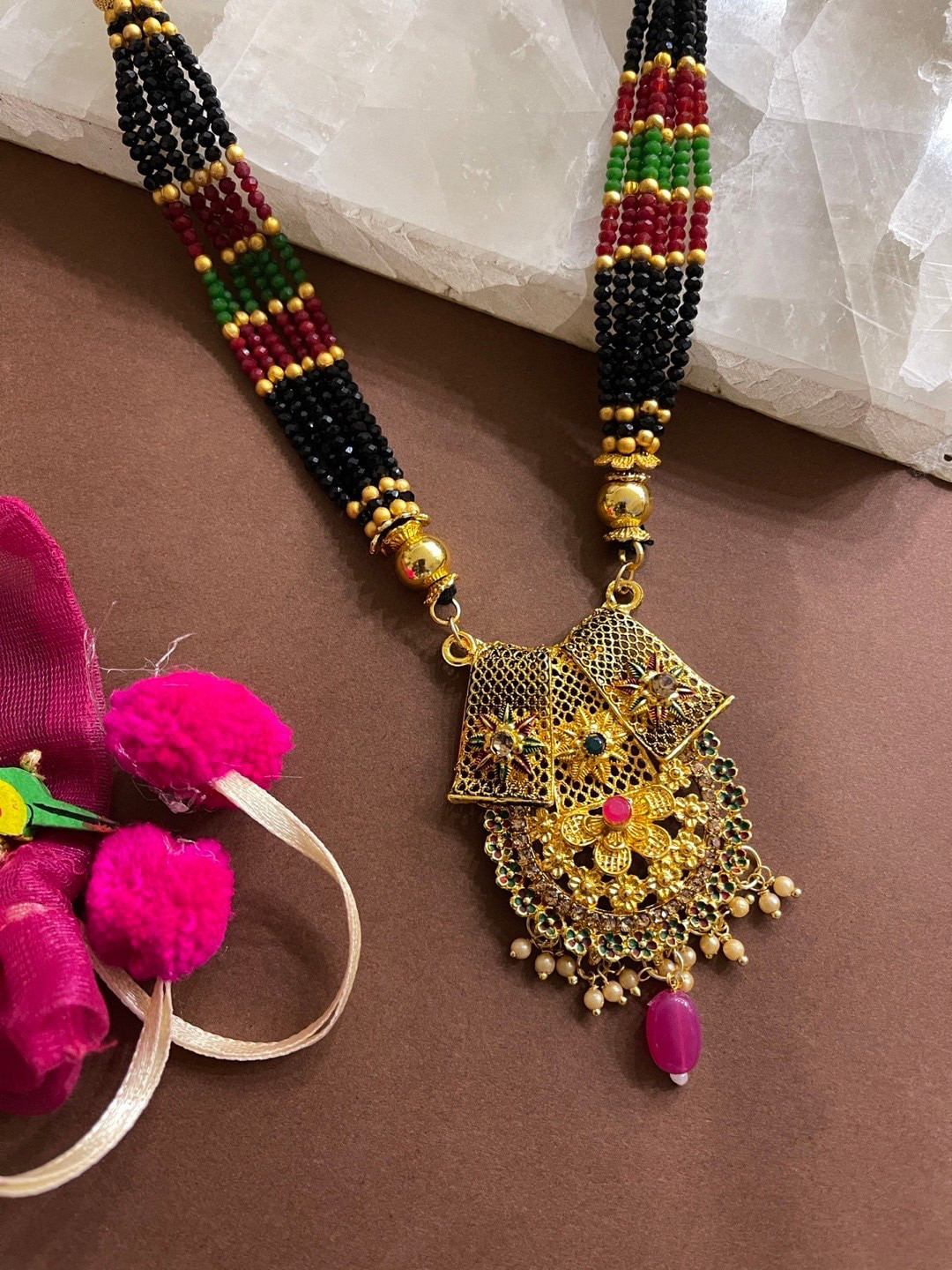 

Digital Dress Room Gold-Plated Beaded Stone Studded Long Mangalsutra