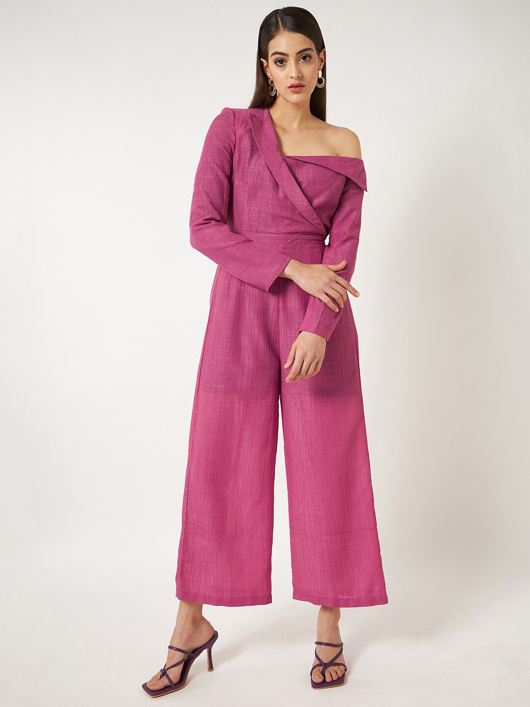 

Zima Leto Stylish Collar One-Shoulder Basic Jumpsuit, Pink