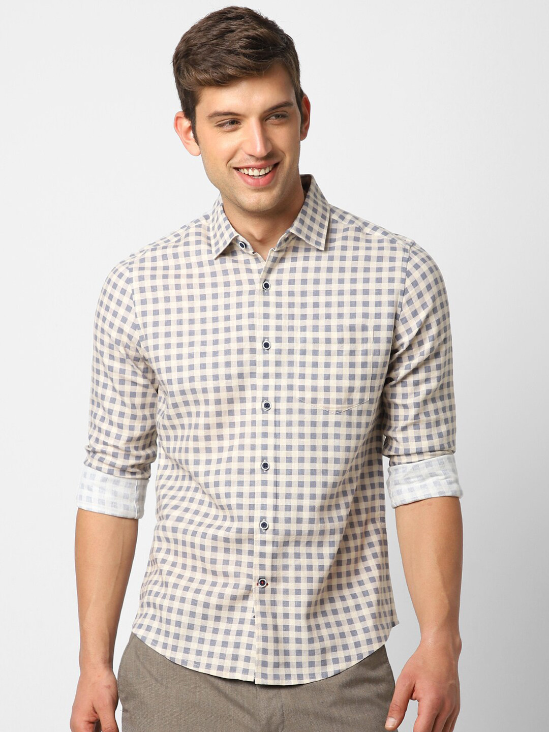 

VASTRADO Men Gingham Checked Cotton Casual Shirt, Beige