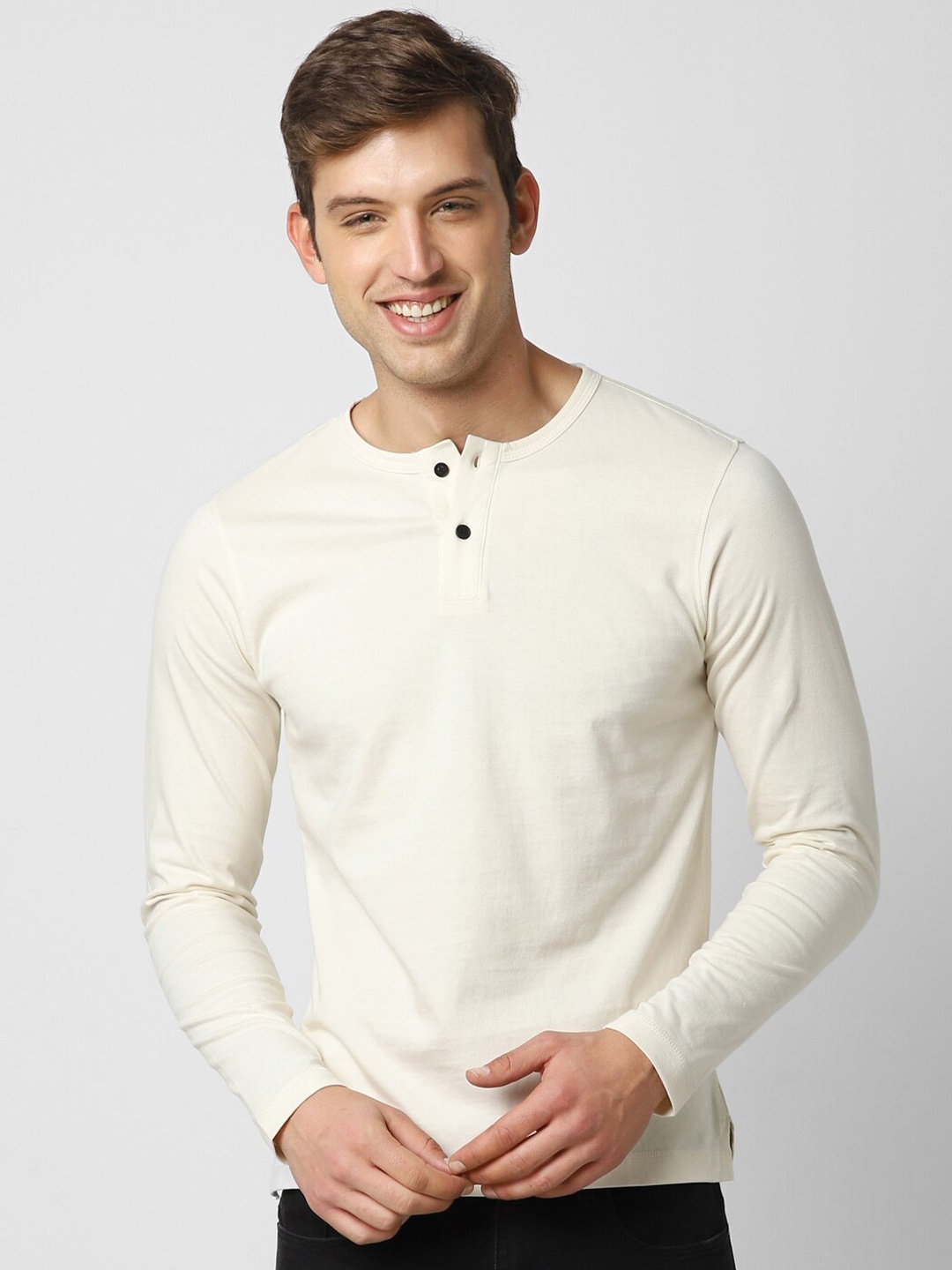 

VASTRADO Men Cotton Henley Neck T-shirt, Off white