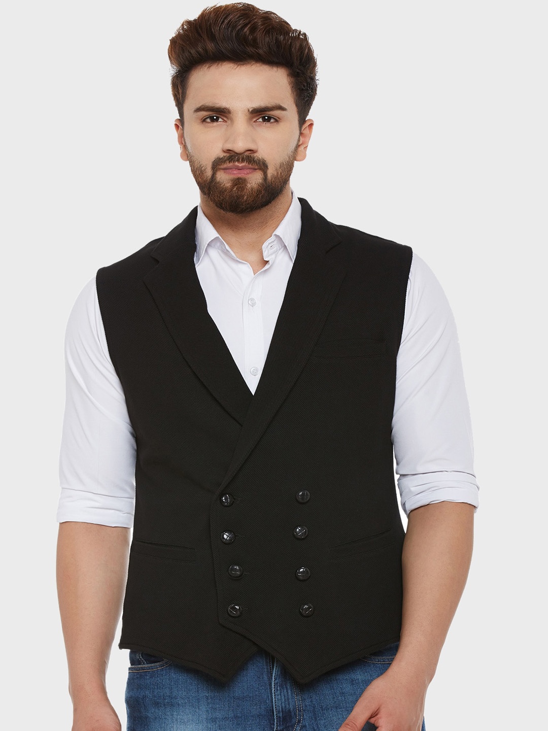 

Hypernation Men Cotton Double Breasted Waistcoat, Black