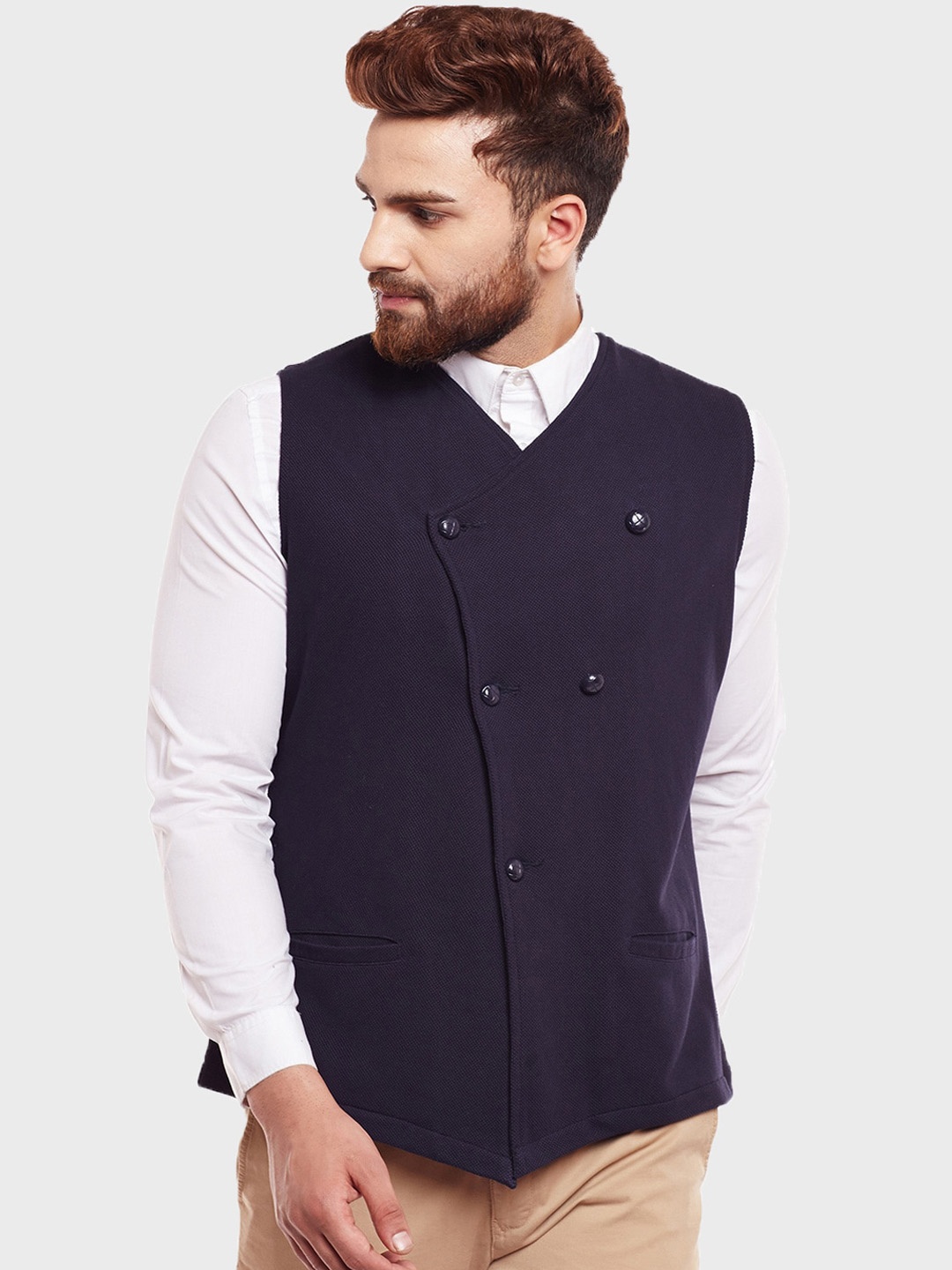 

Hypernation Men Navy Blue Corduroy Double-Breasted Waistcoat