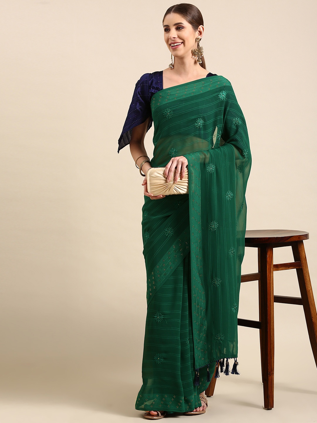 

Mitera Floral Beads and Stones Pure Georgette Saree, Green