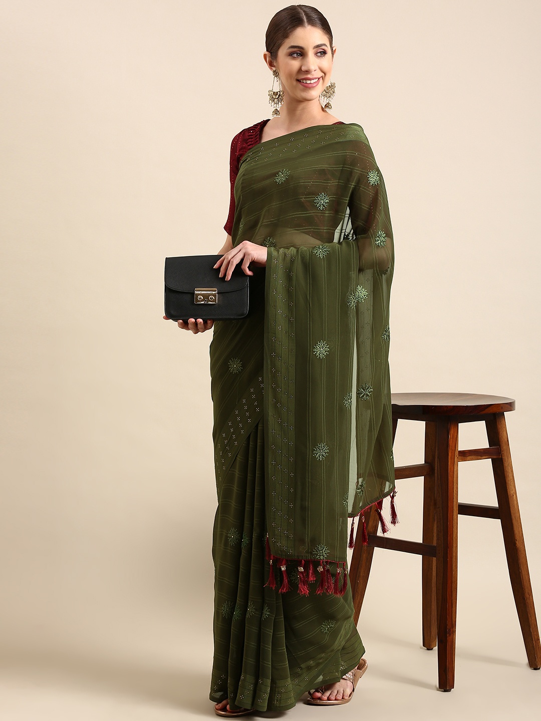 

Mitera Floral Beads and Stones Pure Georgette Saree, Olive