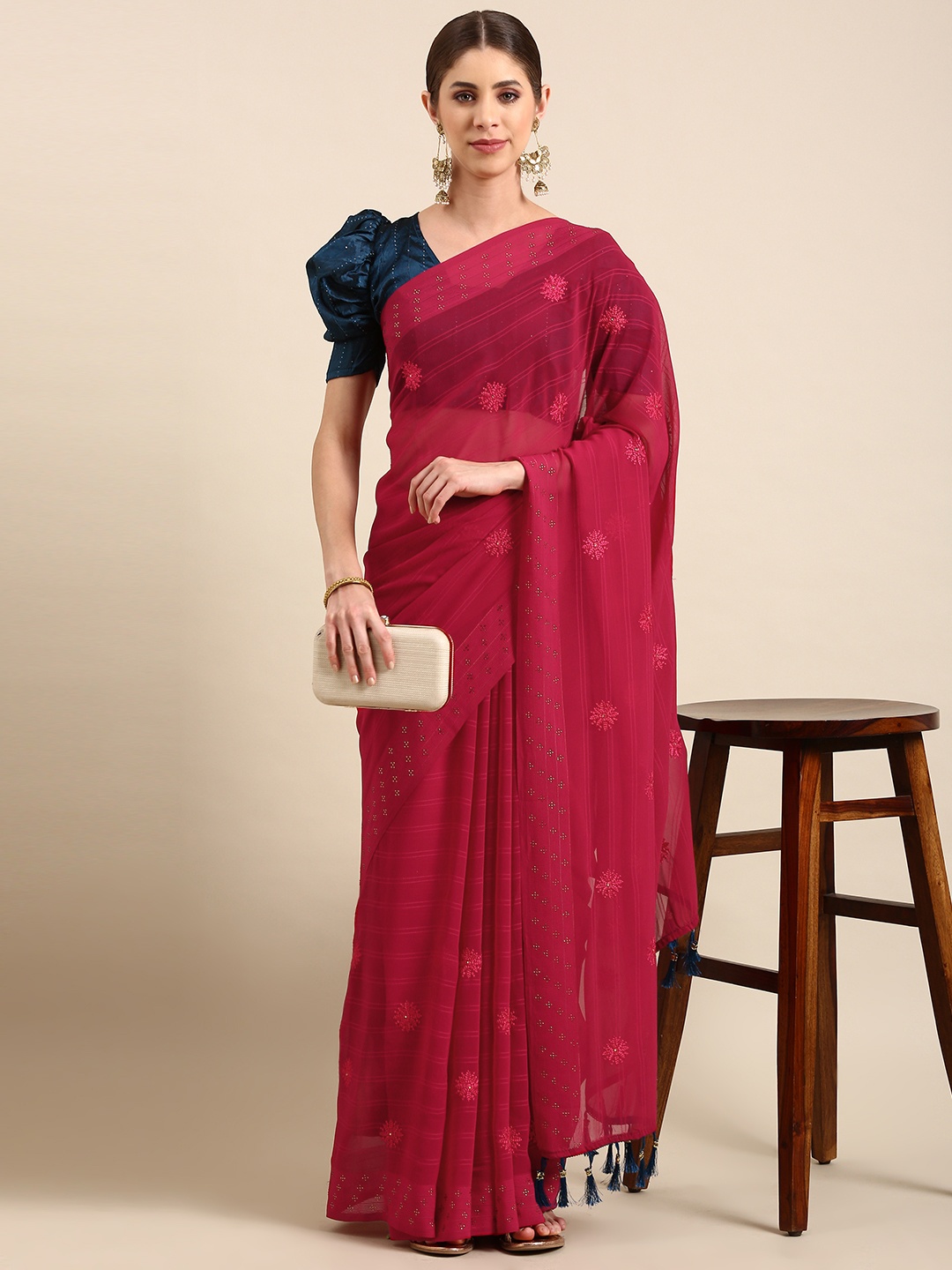 

Mitera Ethnic Motifs Beads & Stones Pure Georgette Saree, Pink