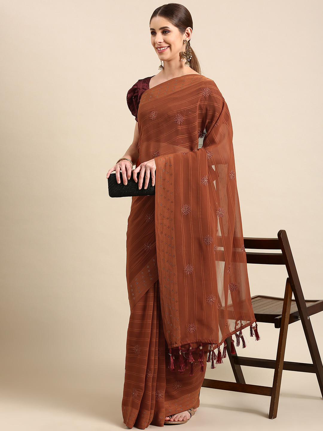 

Mitera Floral Beads and Stones Pure Georgette Saree, Orange