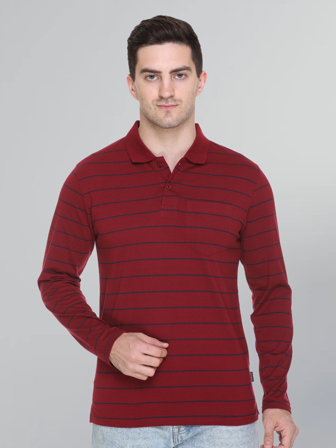 

GODFREY Men Striped Polo Collar T-shirt, Maroon