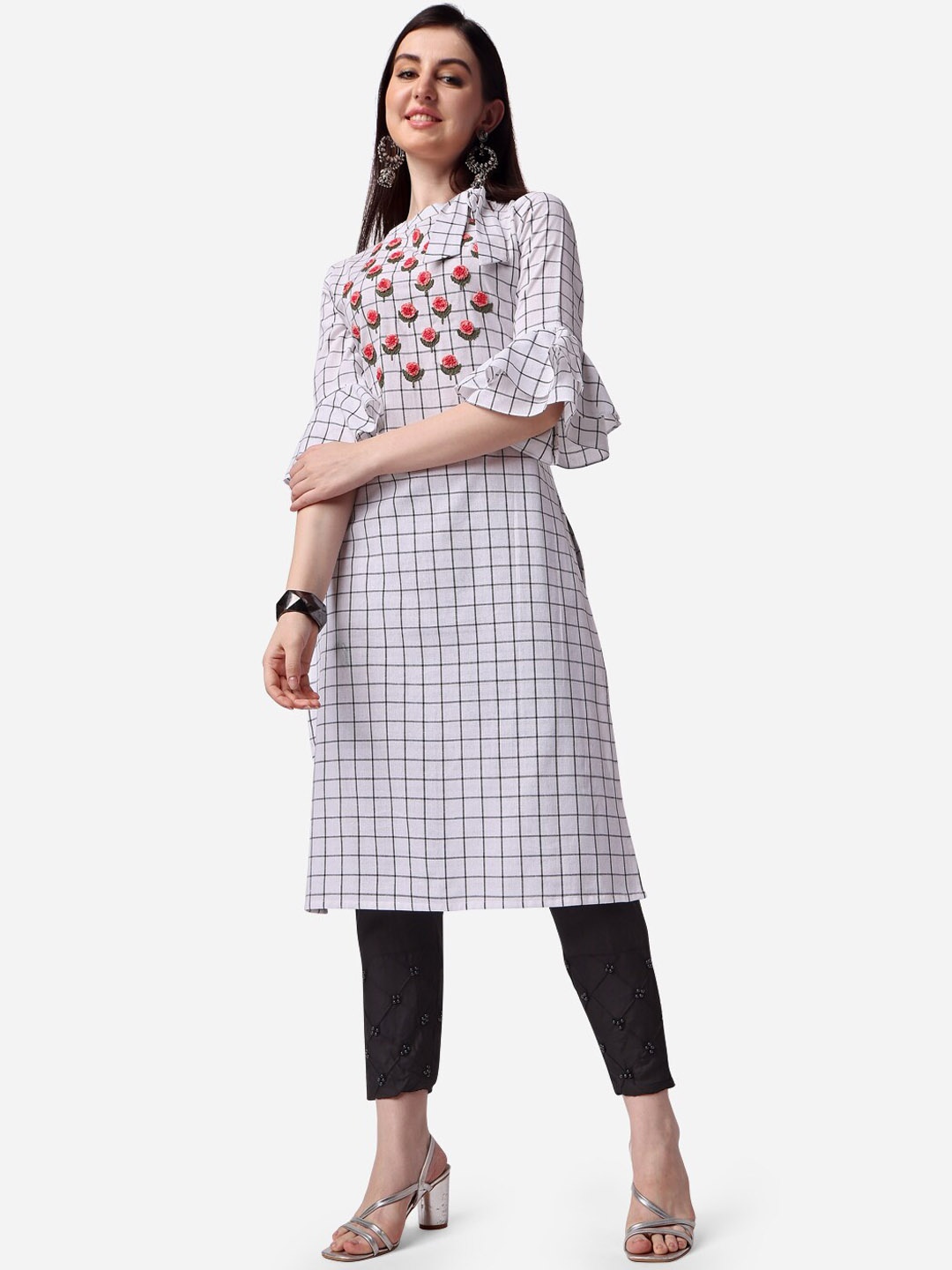 

Berrylicious Women Checked Bell Sleeves Thread Work Pure Cotton Kurta, White