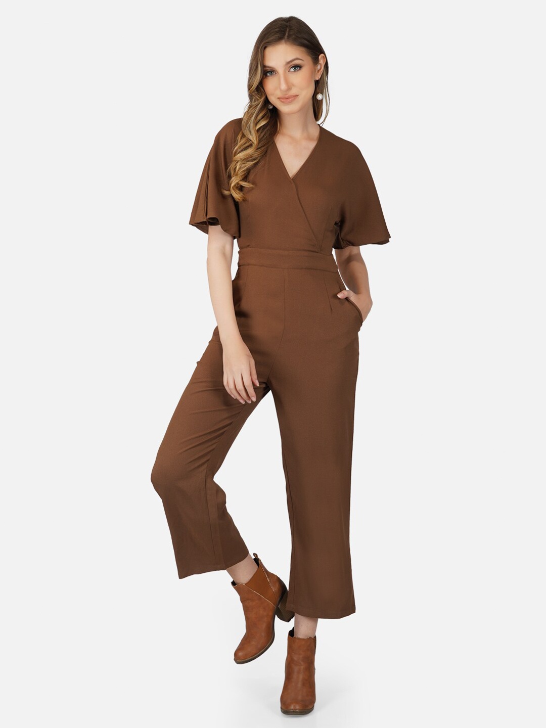 

Tinted Women V-Neck Basic Jumpsuit, Coffee brown