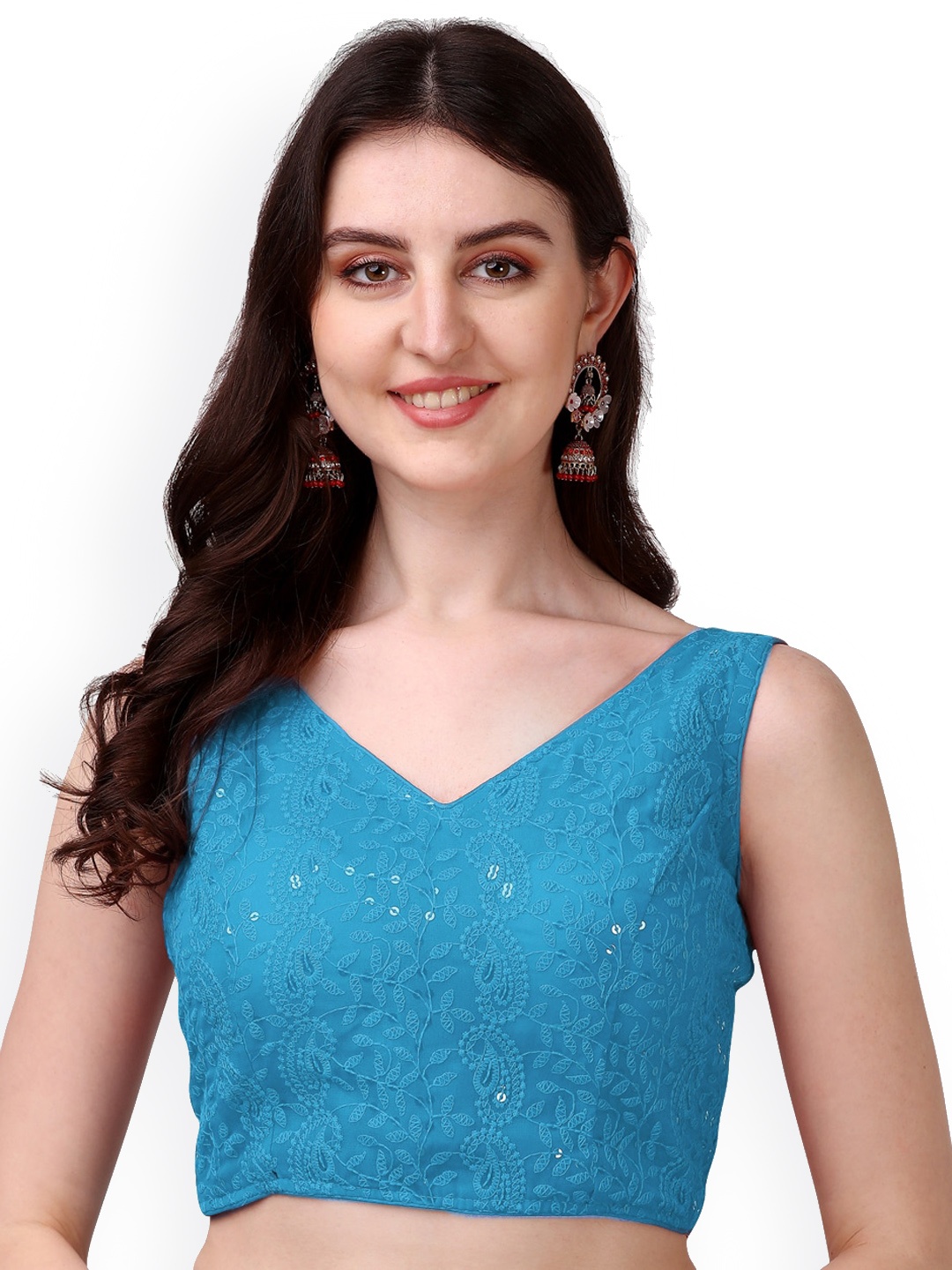 

PUJIA MILLS Sequin Embroidered Sleeveless Saree Blouse, Blue