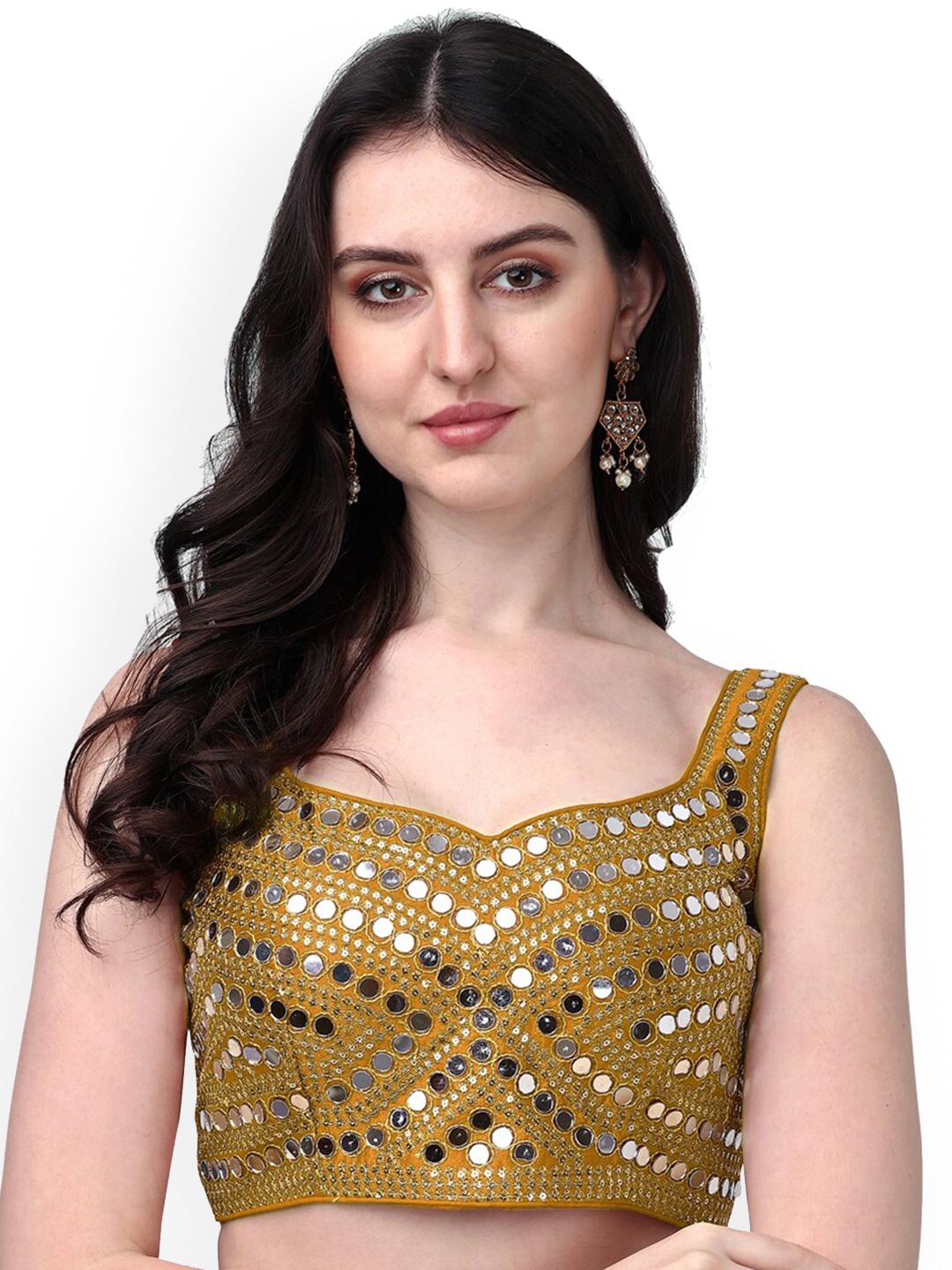 

PUJIA MILLS Mirror Work Embroidered Sleeveless Saree Blouse, Yellow
