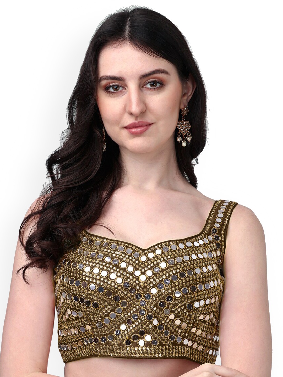 

PUJIA MILLS Mirror Work Embroidered Sleeveless Saree Blouse, Brown
