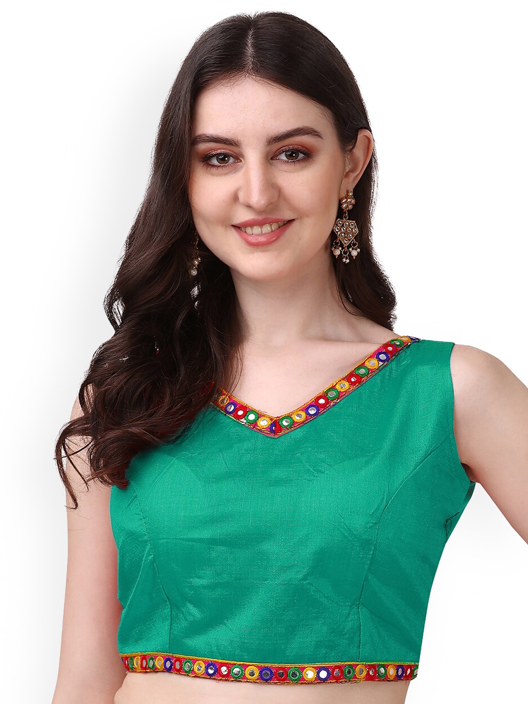 

PUJIA MILLS V-Neck Mirror Work Saree Blouse, Sea green