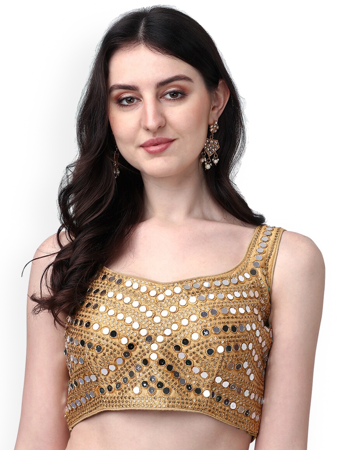 

PUJIA MILLS Embellished Mirror Work Sweetheart Neck Saree Blouse, Gold