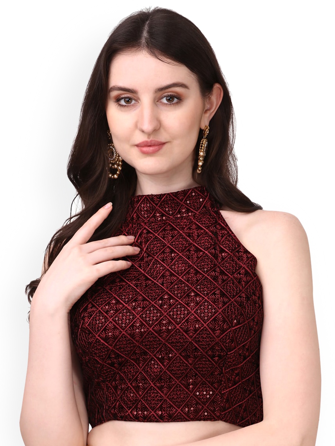 

PUJIA MILLS Embellished Velvet Padded Saree Blouse, Maroon