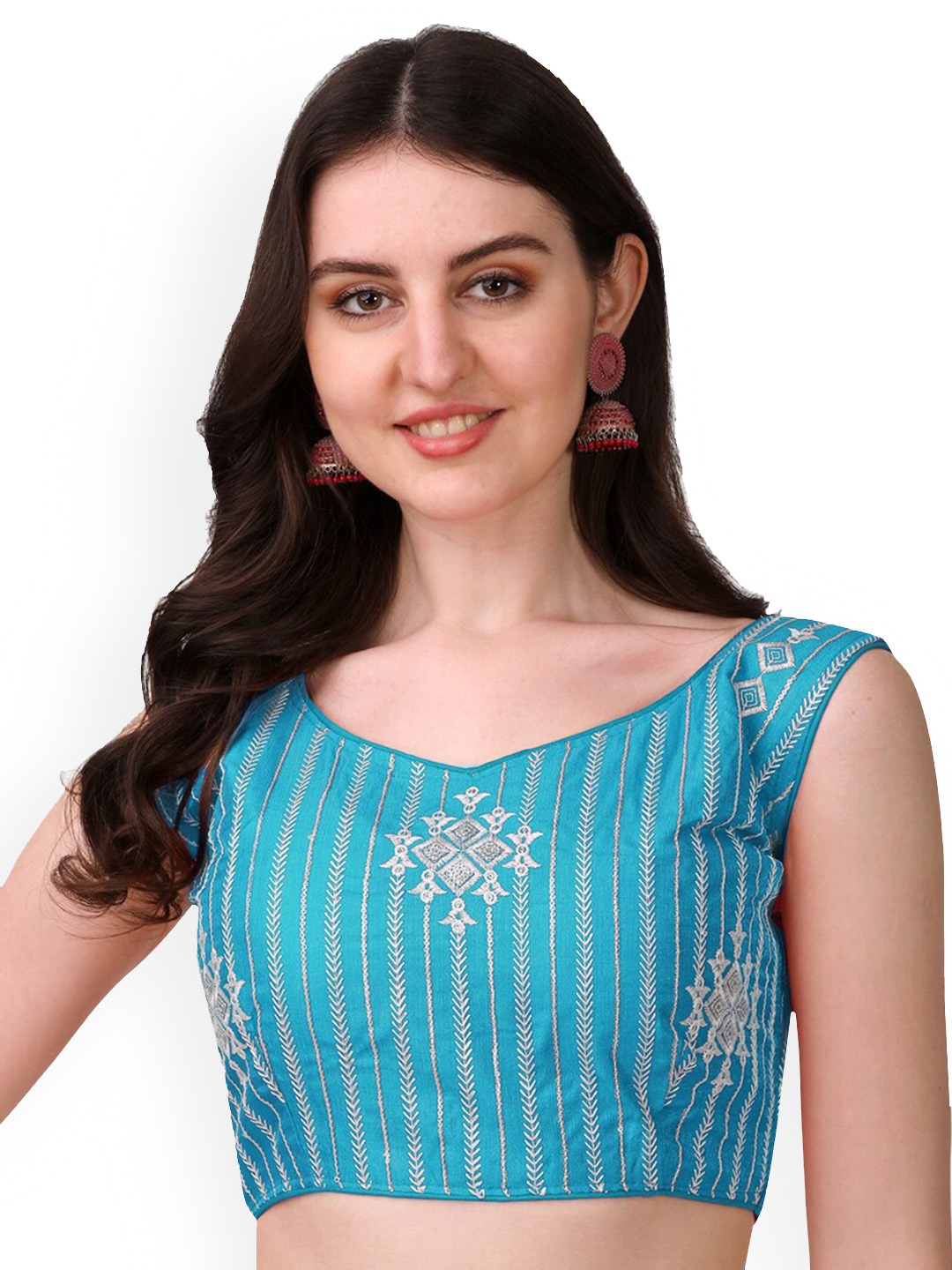 

PUJIA MILLS Embroidered Silk Readymade Saree Blouse, Turquoise blue