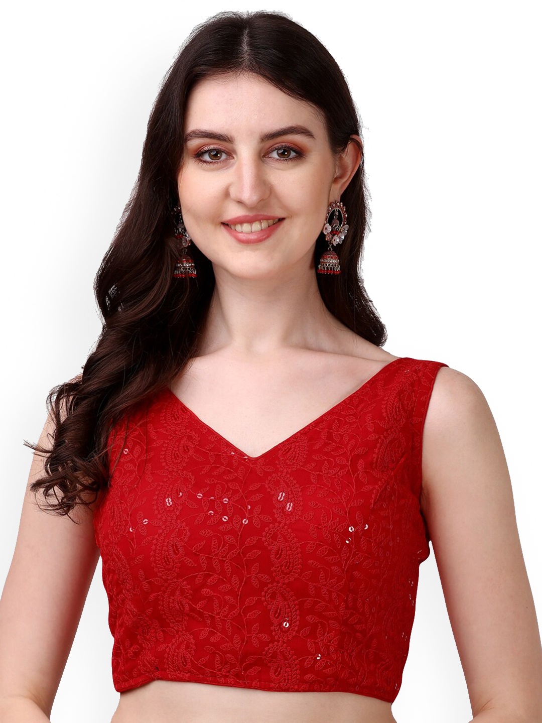 

PUJIA MILLS Embroidered Sleeveless Saree Blouse, Red