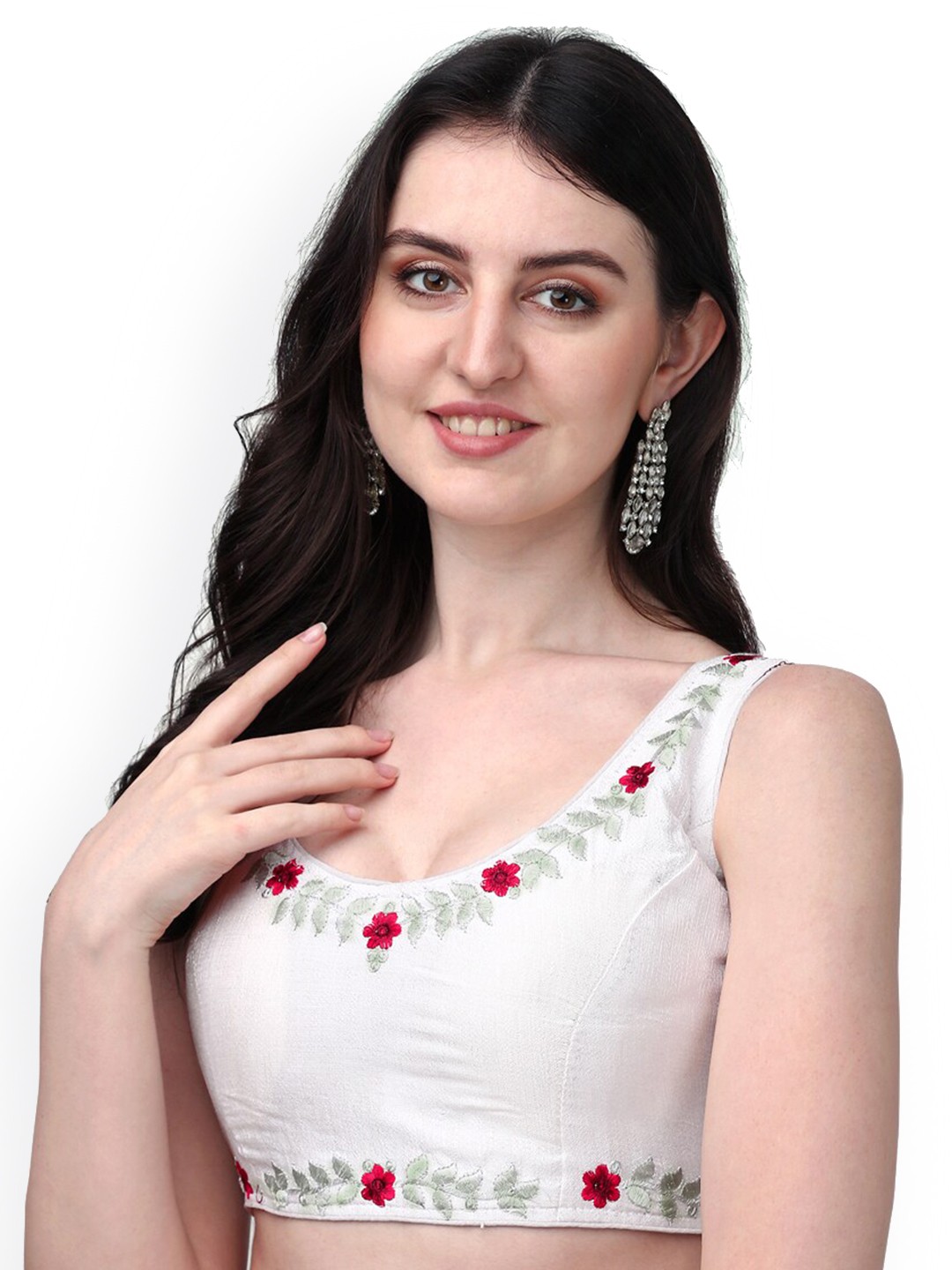 

PUJIA MILLS Embroidered Padded Saree Blouse, White