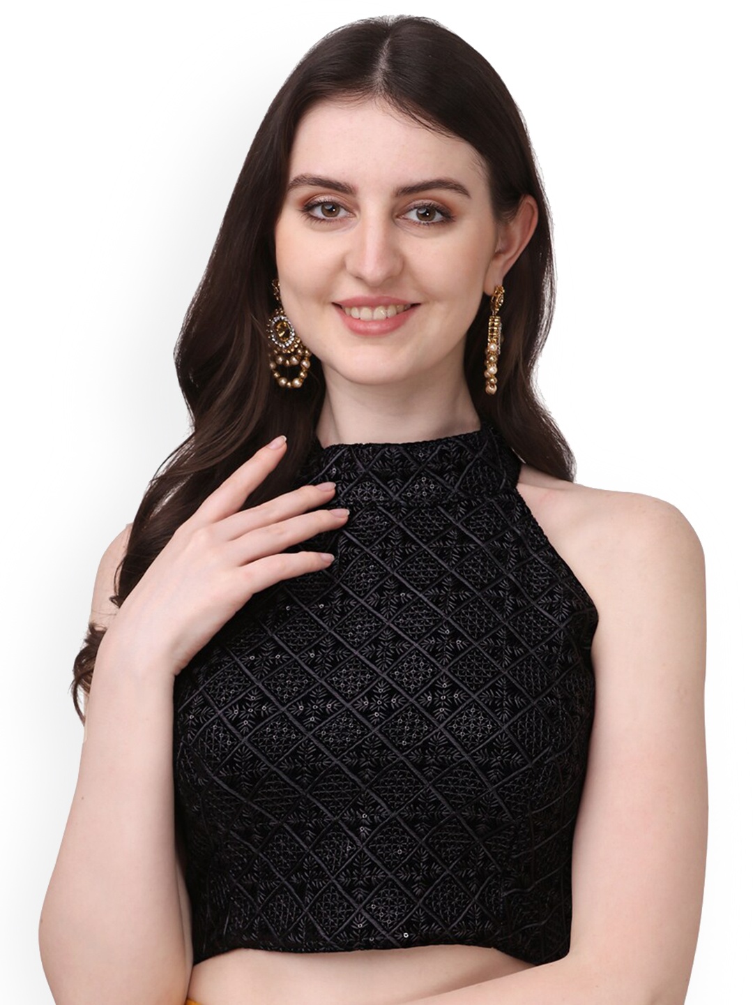

PUJIA MILLS Embroidered Velvet Readymade Saree Blouse, Black
