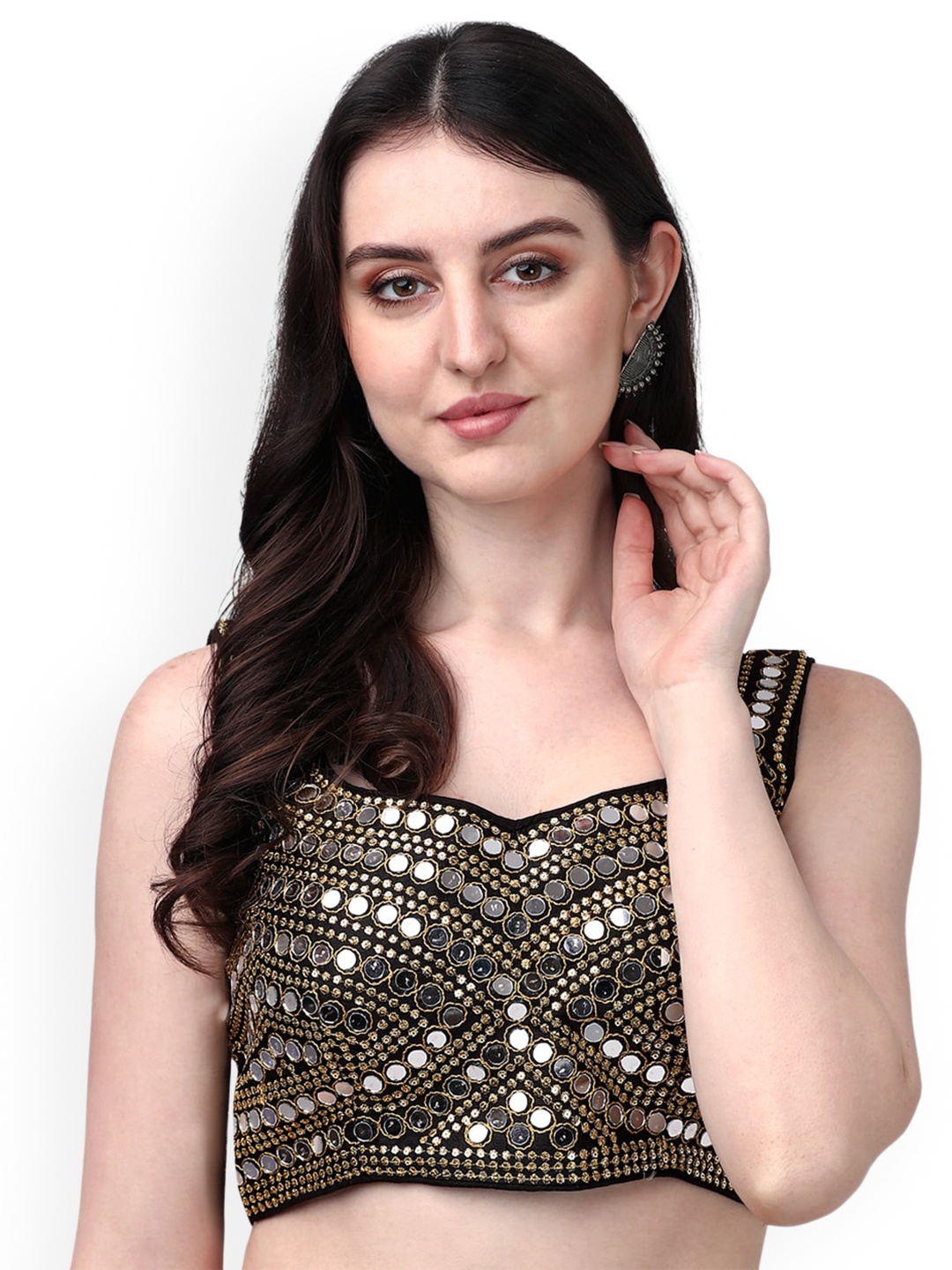 

PUJIA MILLS Embroidered & Mirror Work Saree Blouse, Black