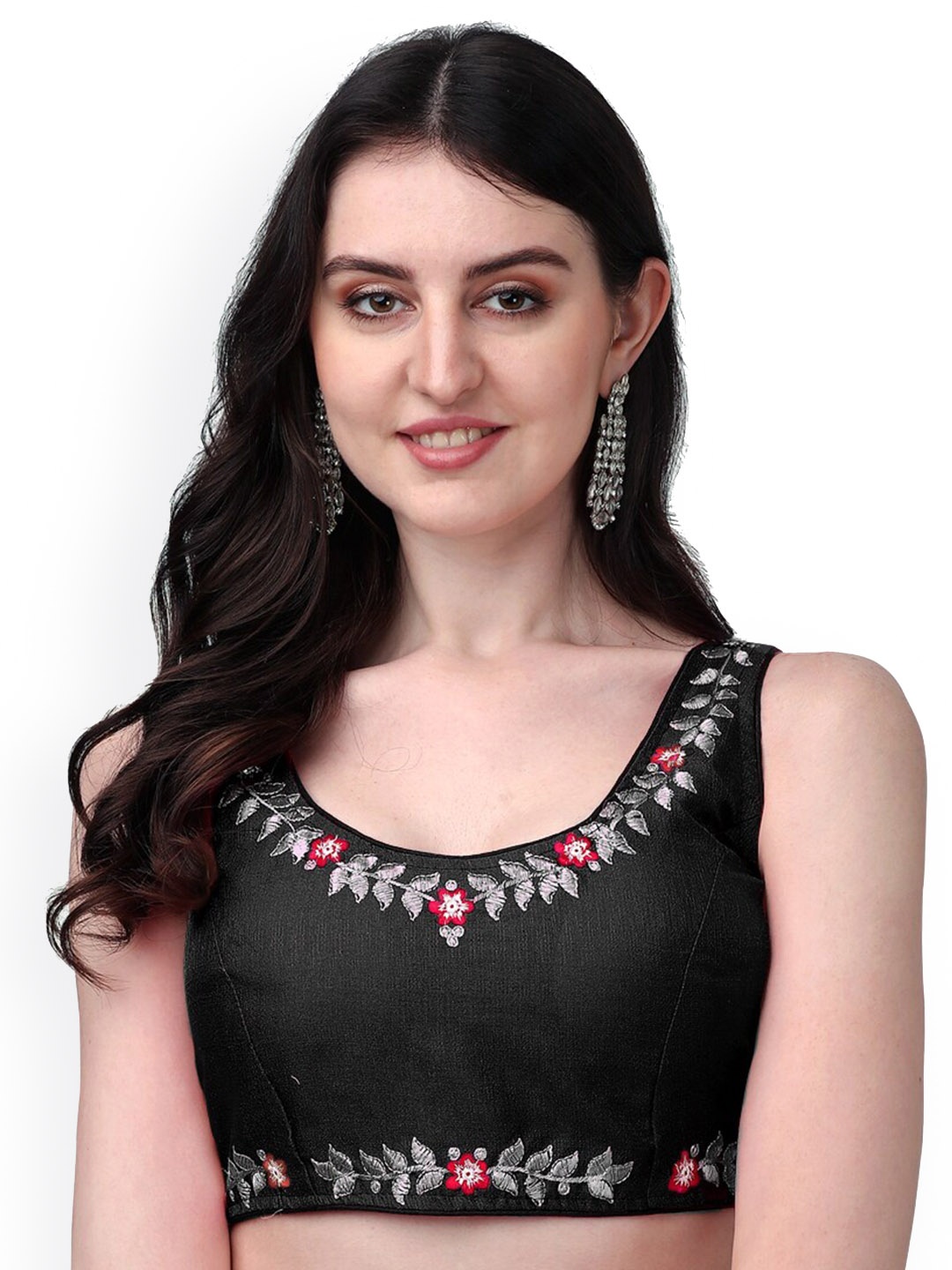 

PUJIA MILLS Embroidered Sleeveless Saree Blouse, Black
