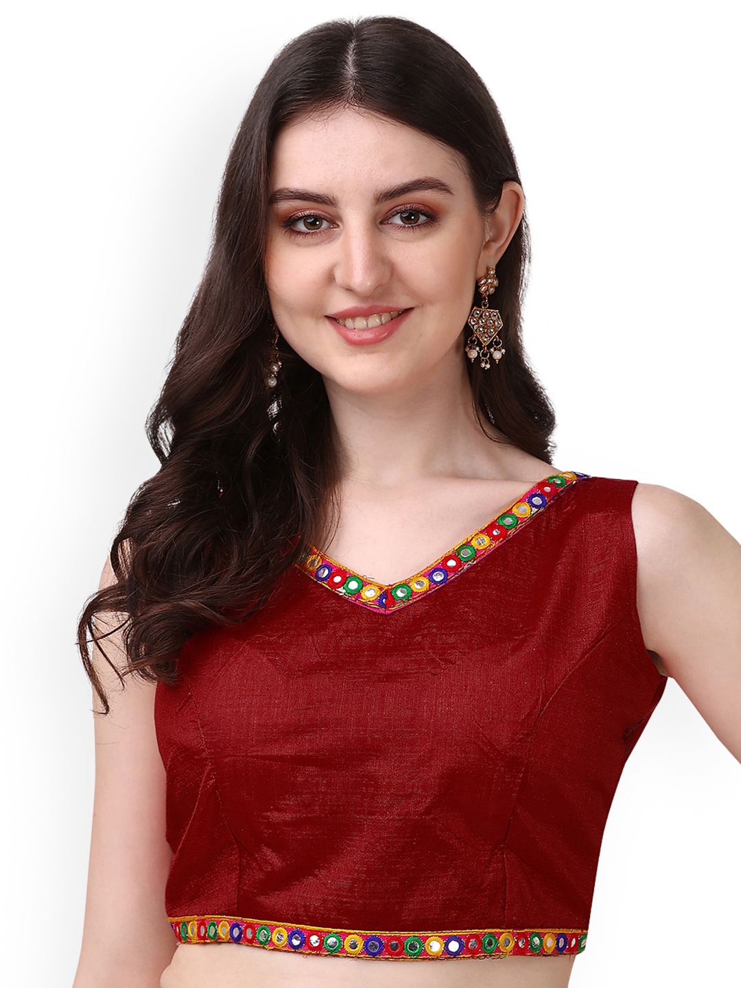 

PUJIA MILLS Phantom Silk Readymade Sleeveless Saree Blouse, Maroon