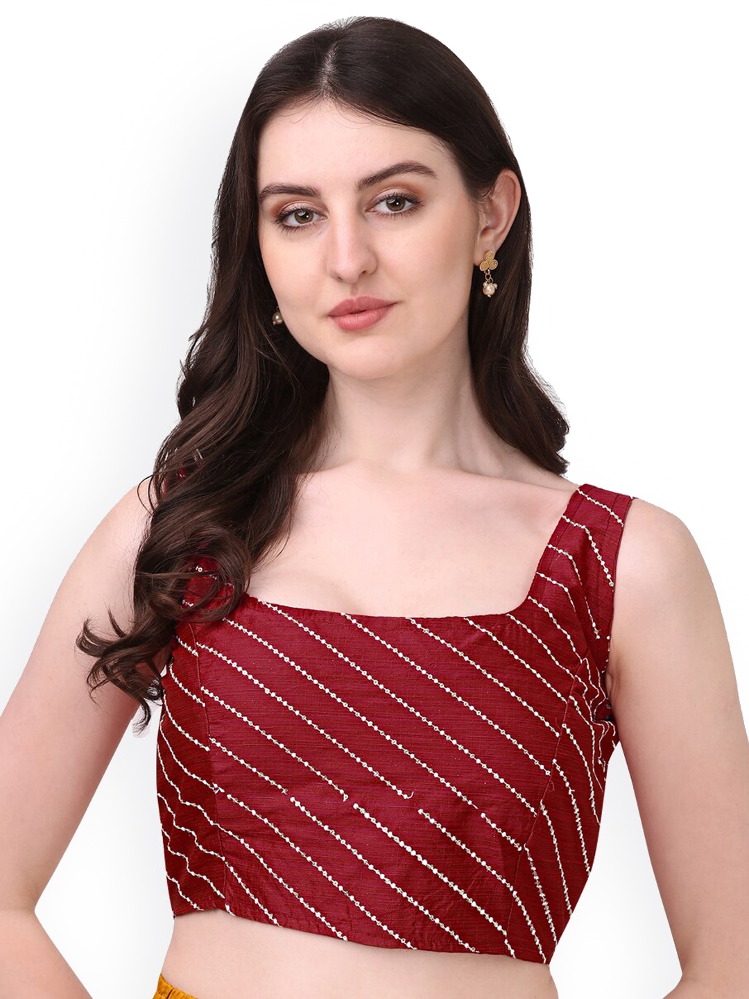 

PUJIA MILLS Embroidered Sequins Padded Saree Blouse, Maroon