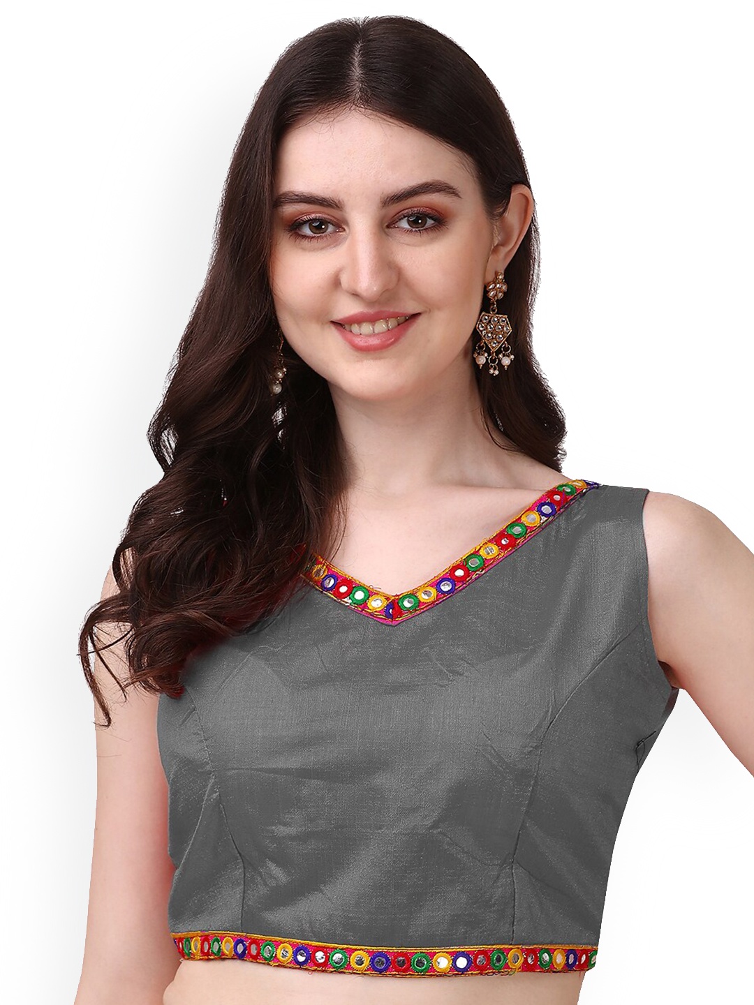 

PUJIA MILLS Phantom Silk Readymade Sleeveless Padded Saree Blouse, Grey