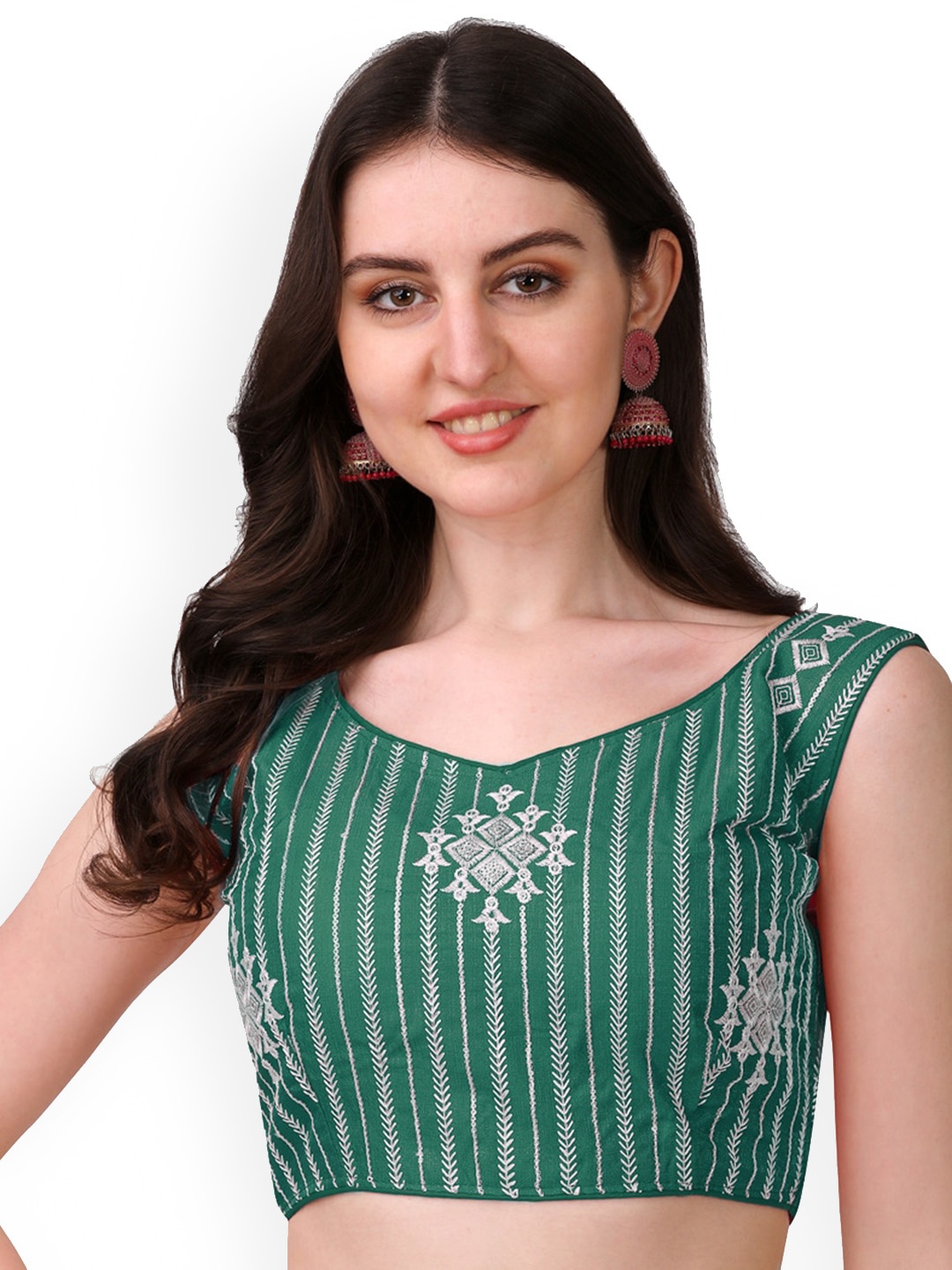 

PUJIA MILLS Embroidered Sleeveless Saree Blouse, Teal