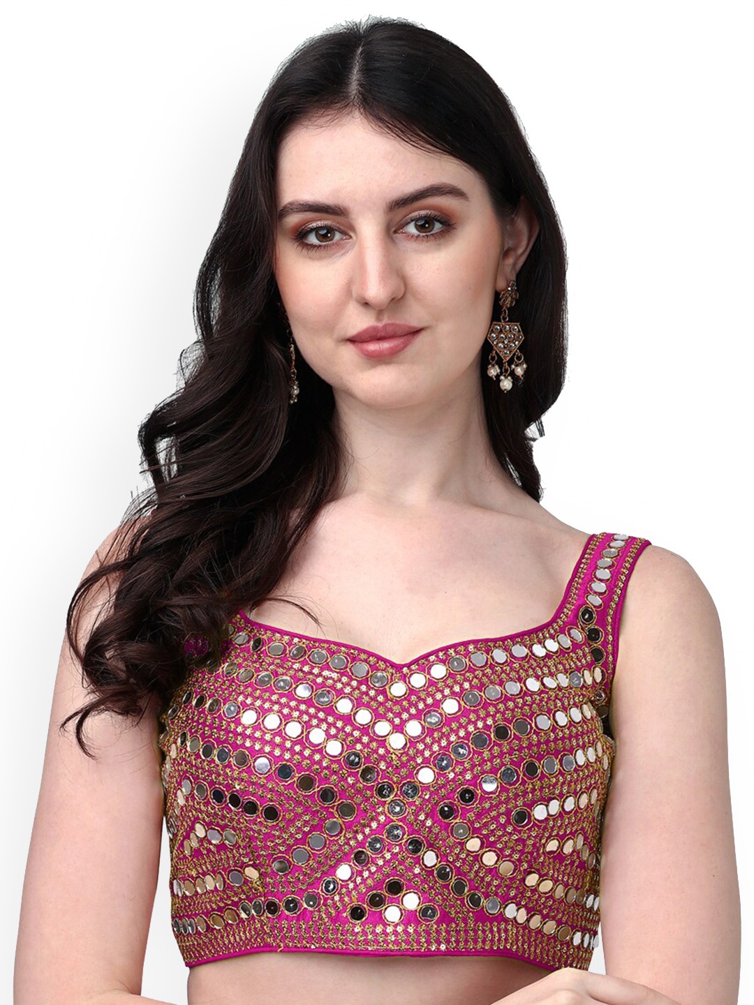

PUJIA MILLS Zari & Mirror Work Embroidered Phantom Silk Saree Blouse, Pink